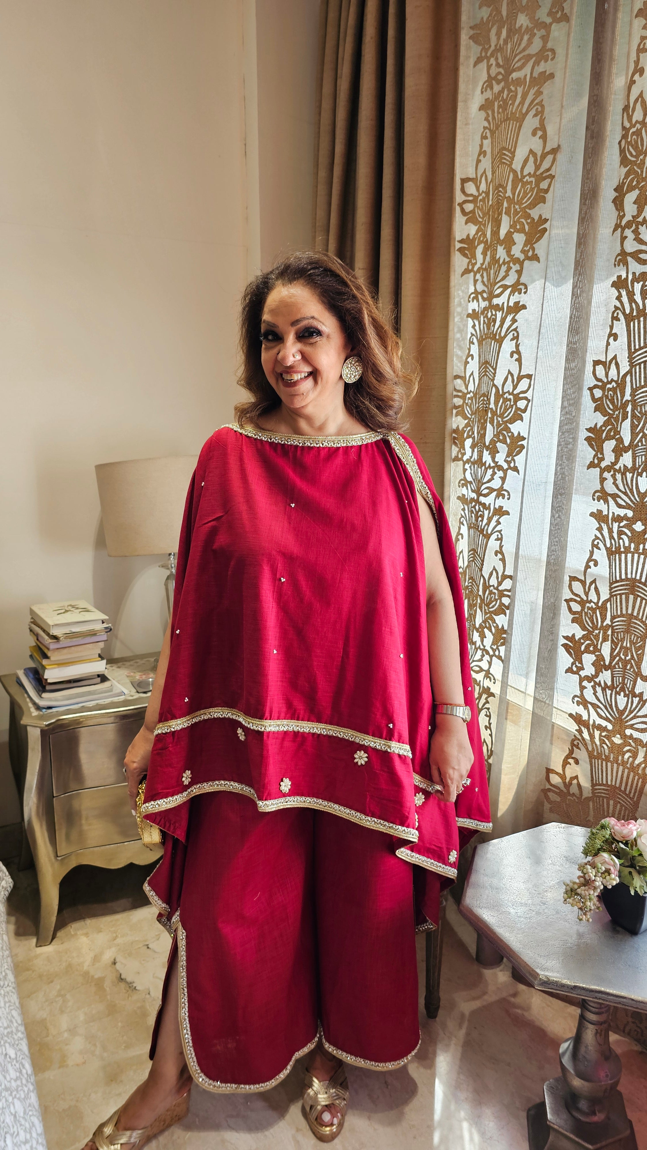 Beautiful Linen Kaftan and Bottom with  Pearl, Swarovski & Zari Lace Work