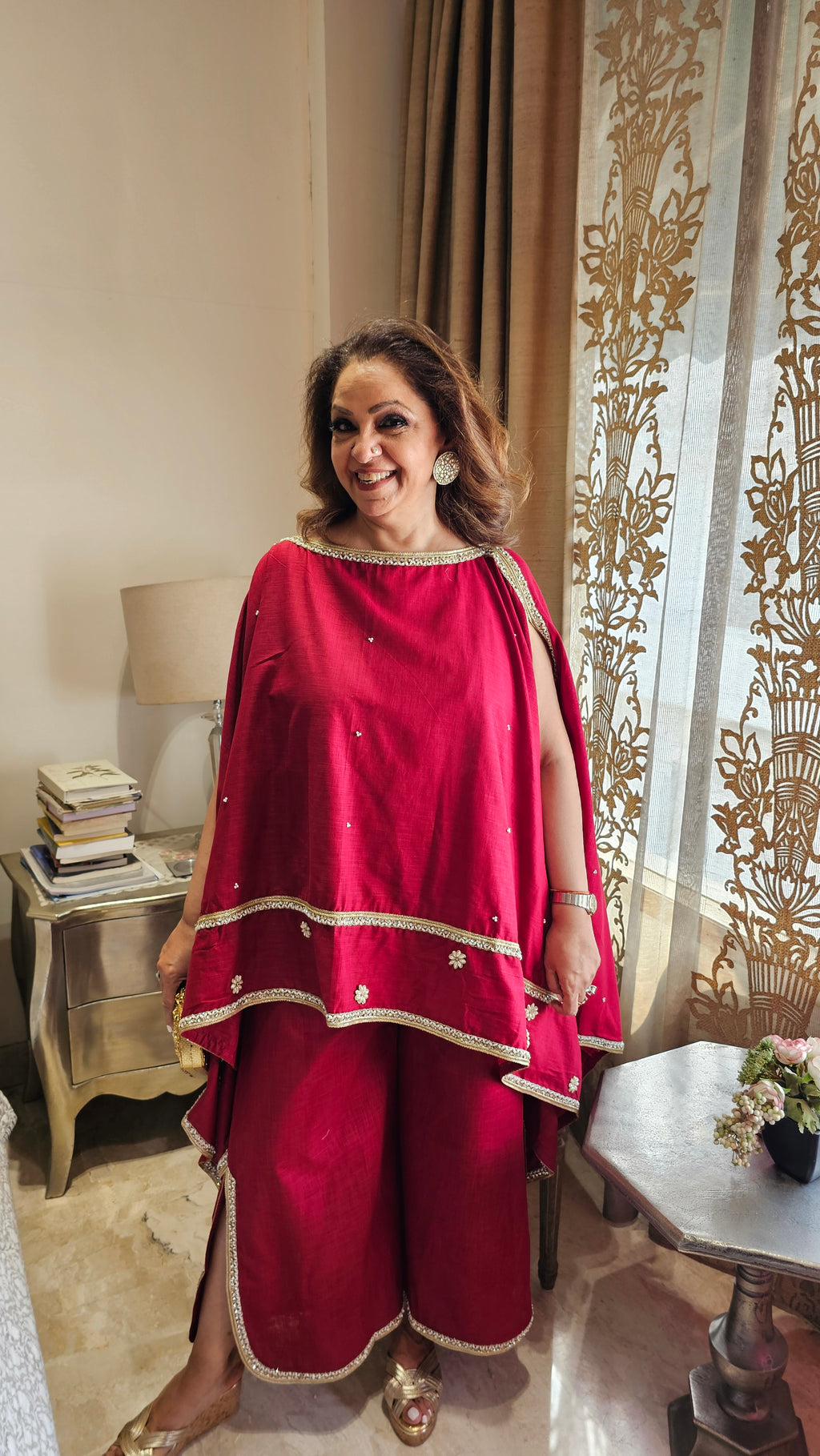 Beautiful Linen Kaftan and Bottom with  Pearl, Swarovski & Zari Lace Work