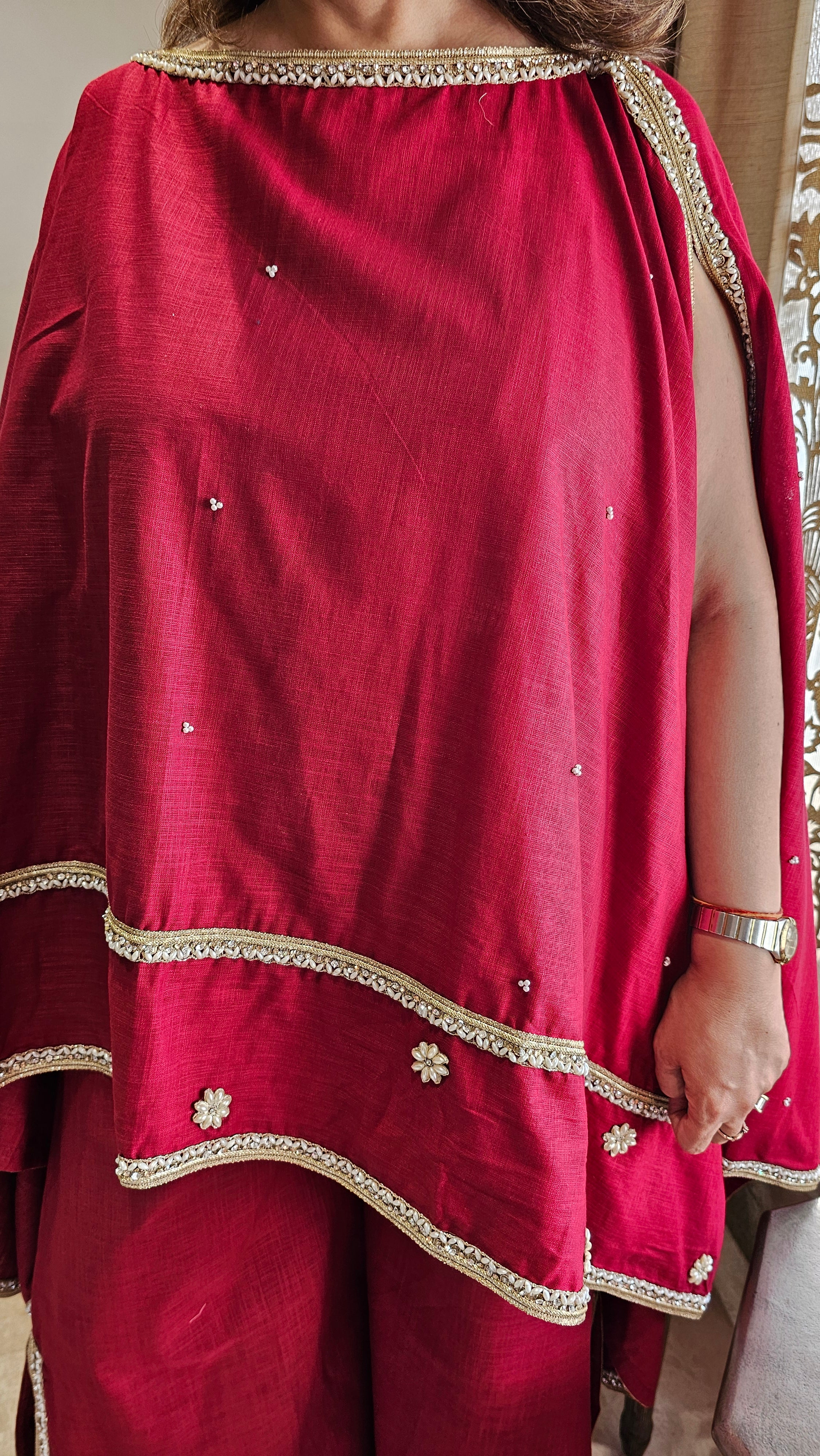 Beautiful Linen Kaftan and Bottom with  Pearl, Swarovski & Zari Lace Work