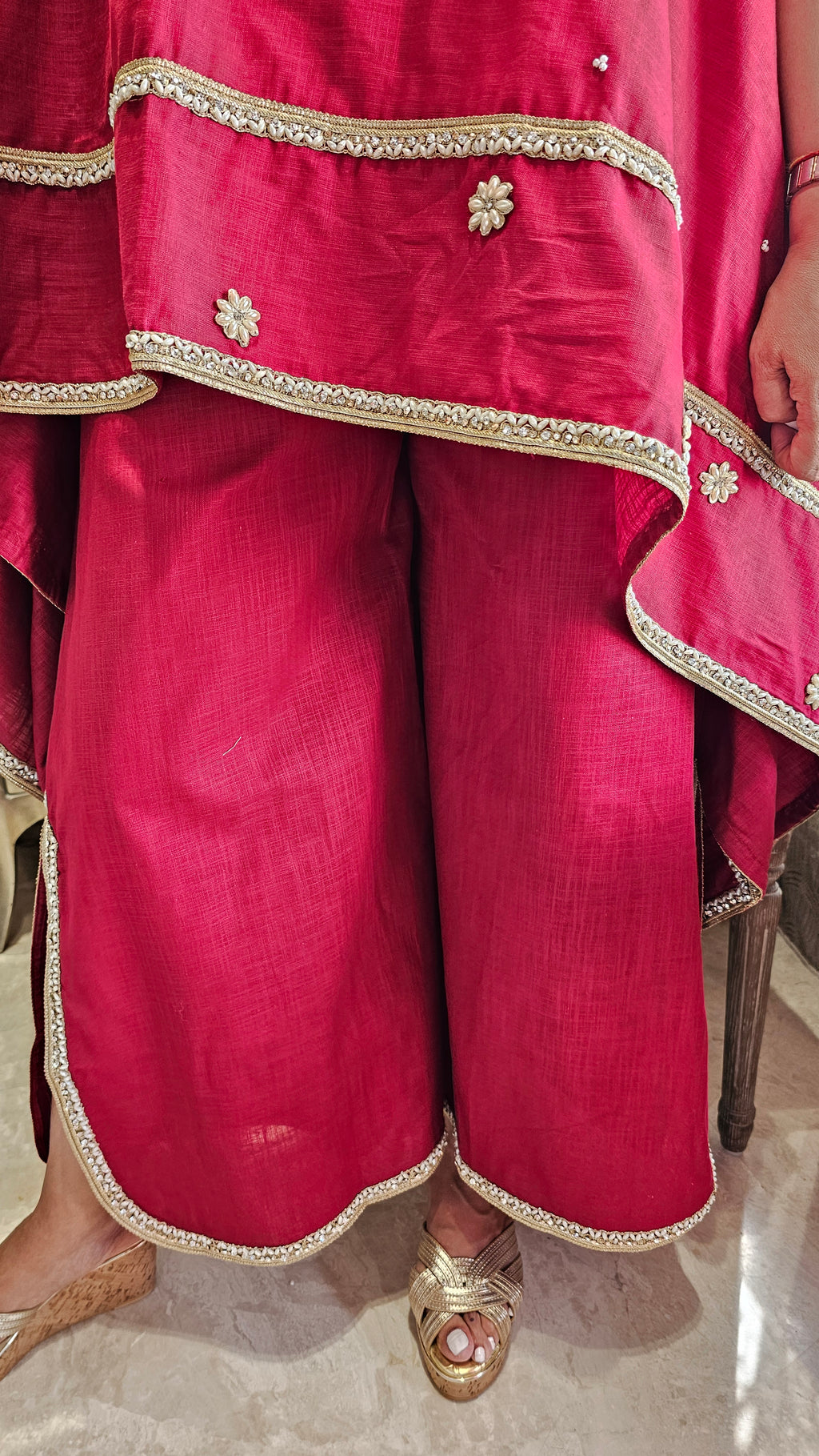 Beautiful Linen Kaftan and Bottom with  Pearl, Swarovski & Zari Lace Work