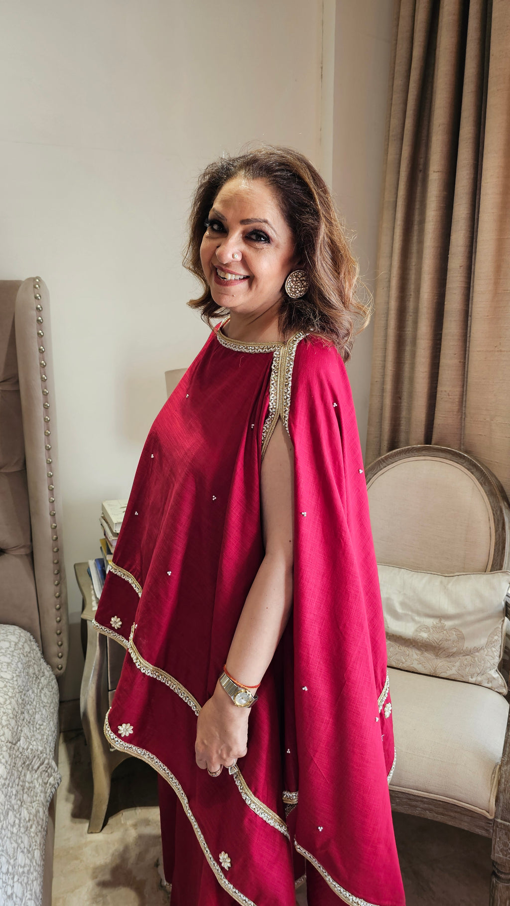 Beautiful Linen Kaftan and Bottom with  Pearl, Swarovski & Zari Lace Work