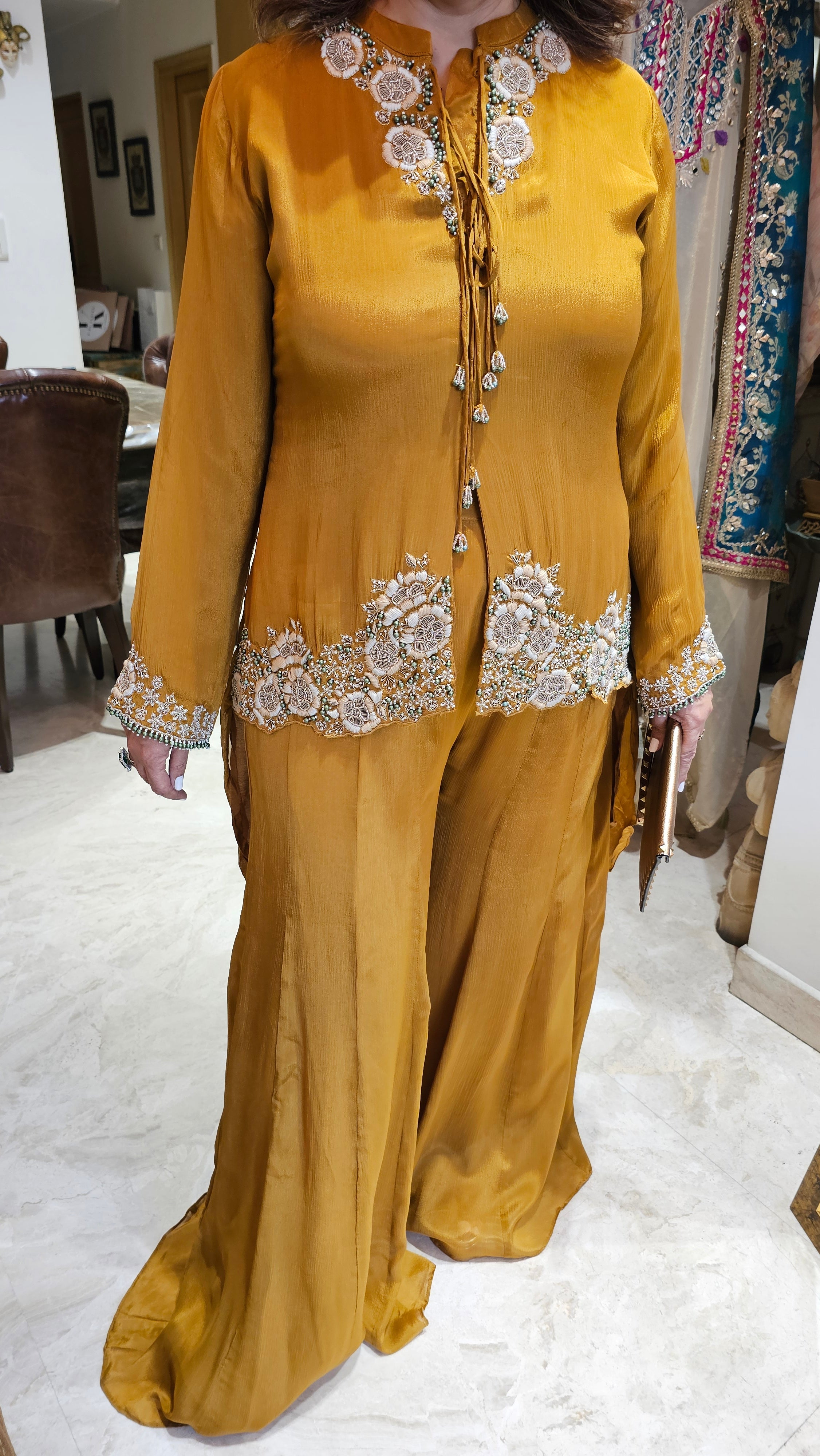 Beautiful Chinon Georgette Asymmetric Top With Hand Work And with Chinon Georgette Plazzo