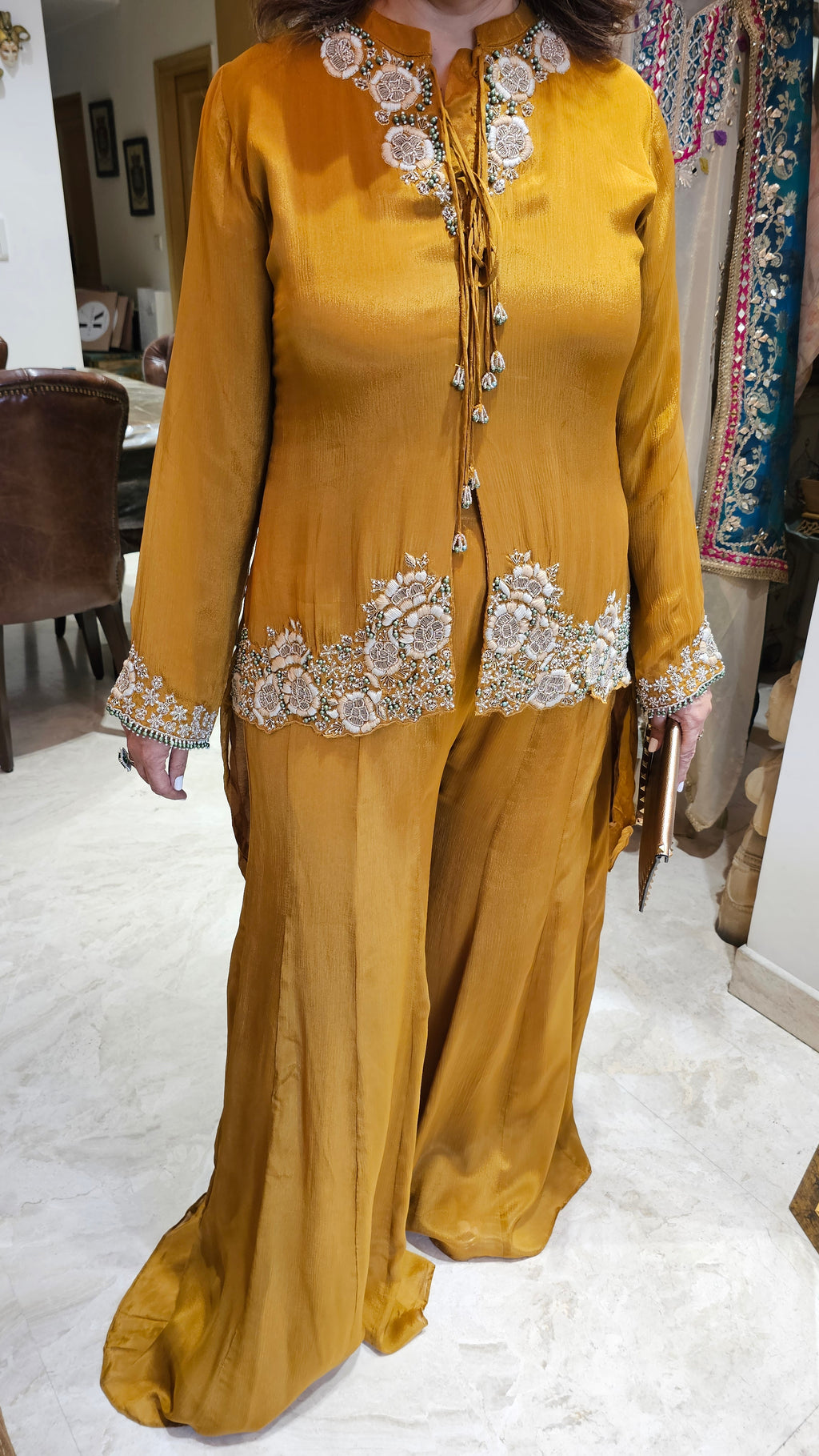 Beautiful Chinon Georgette Asymmetric Top With Hand Work And with Chinon Georgette Plazzo