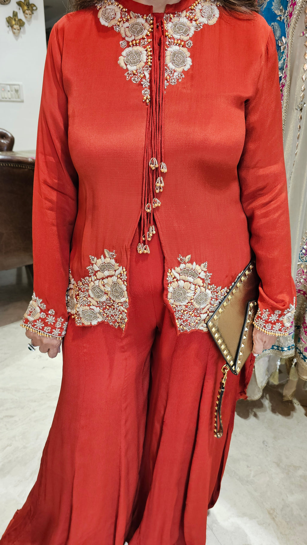 Beautiful Chinon Georgette Asymmetric Top With Hand Work And with Chinon Georgette Plazzo