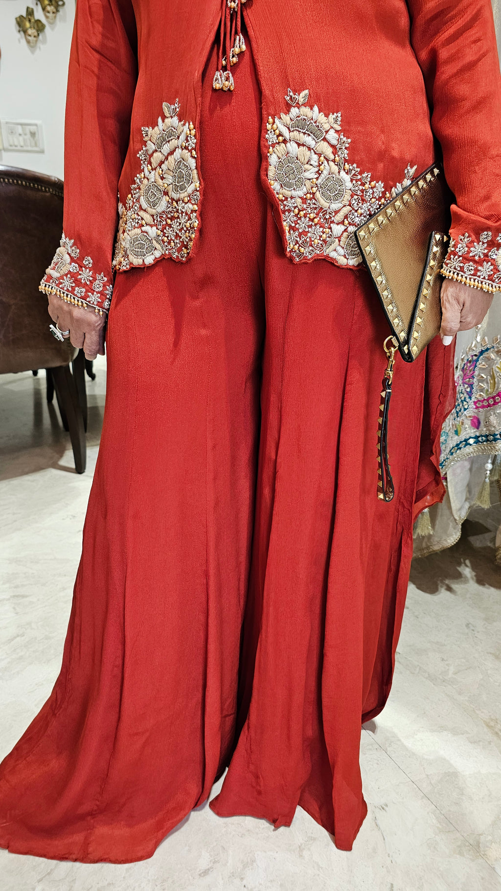 Beautiful Chinon Georgette Asymmetric Top With Hand Work And with Chinon Georgette Plazzo