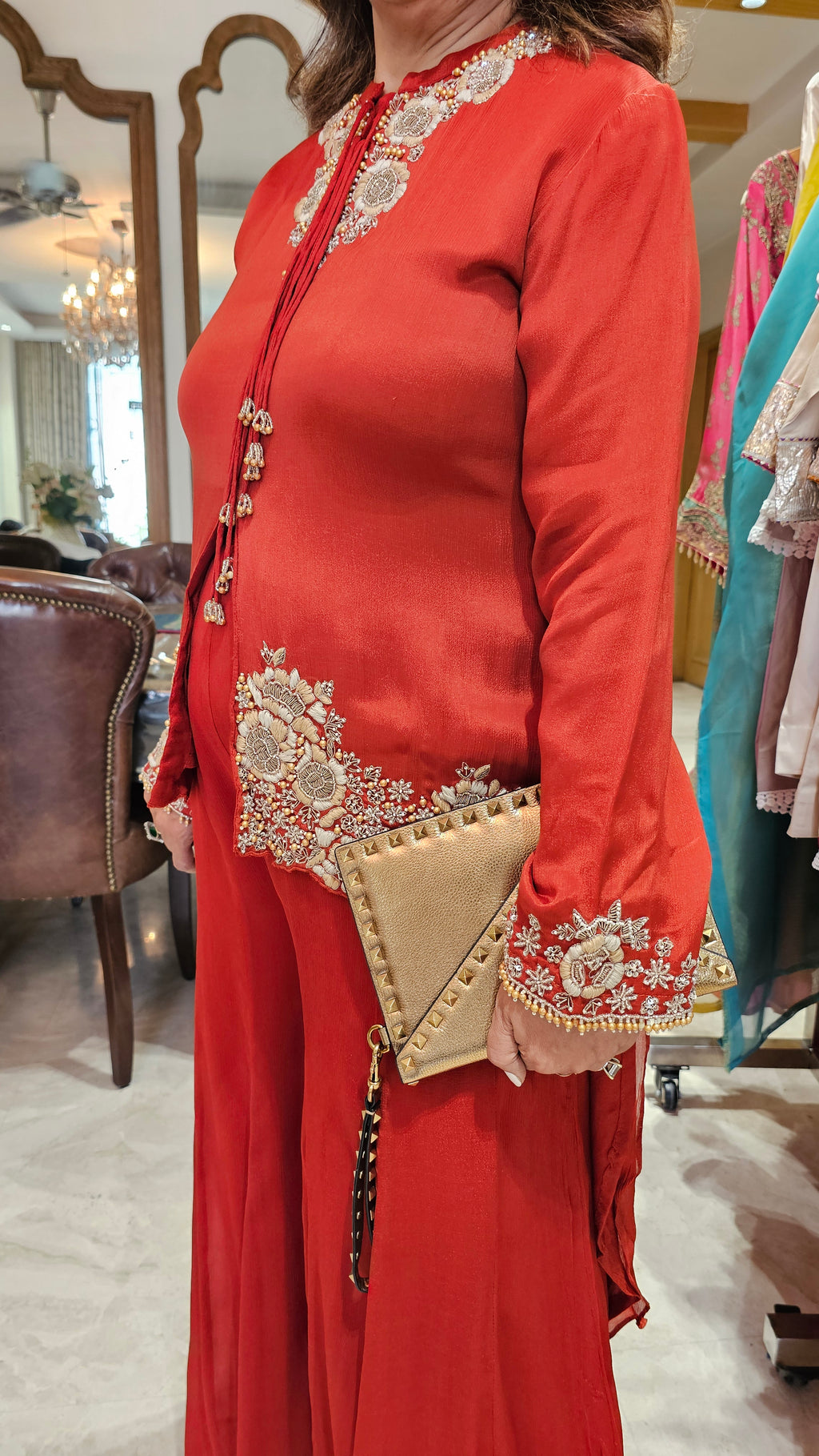 Beautiful Chinon Georgette Asymmetric Top With Hand Work And with Chinon Georgette Plazzo