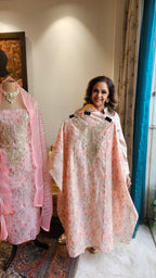 Beautiful Organza Unstitched Suit With  Thread & Gota Patti Work