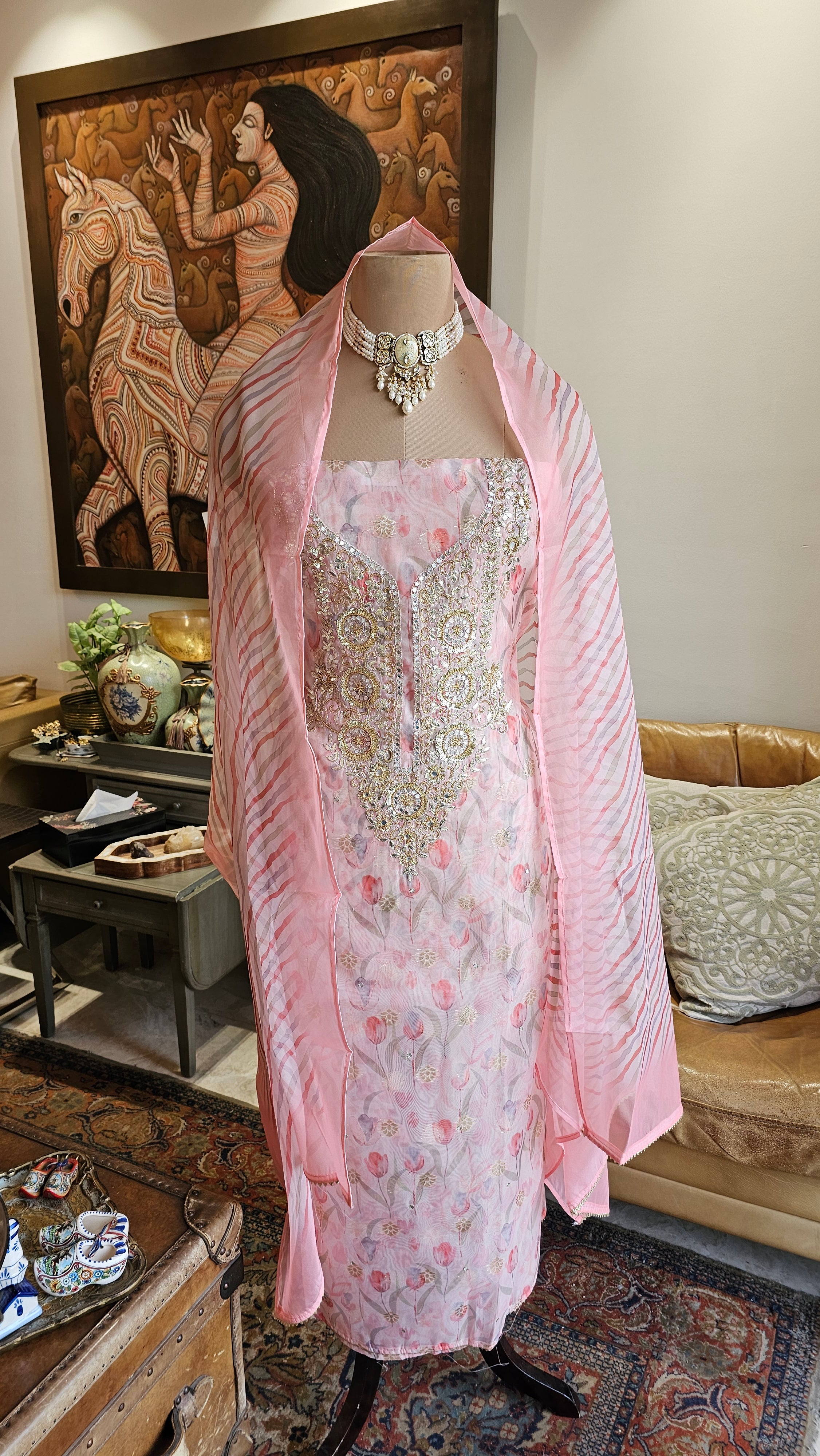 Beautiful Organza Unstitched Suit With  Thread & Gota Patti Work