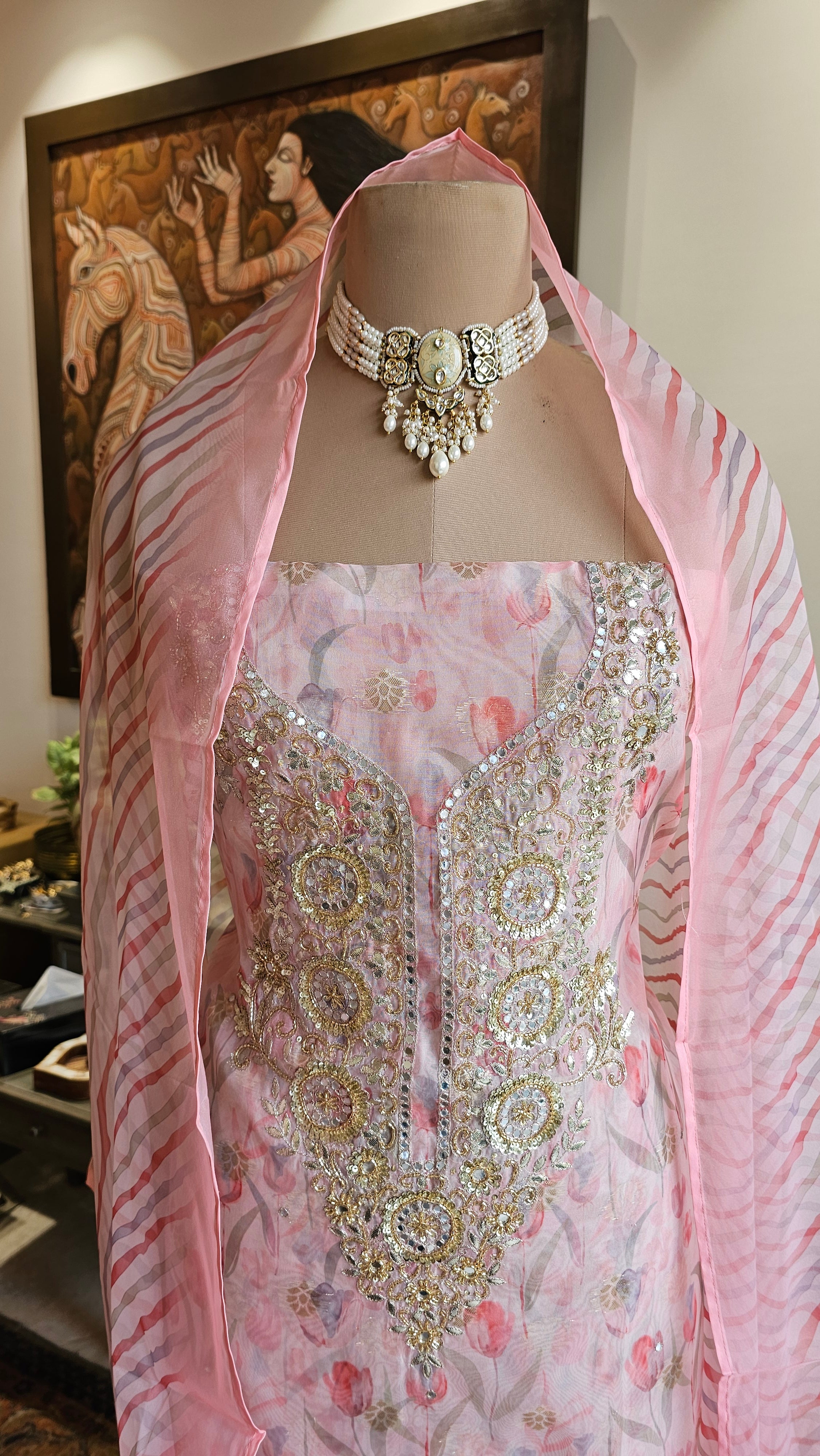 Beautiful Organza Unstitched Suit With  Thread & Gota Patti Work