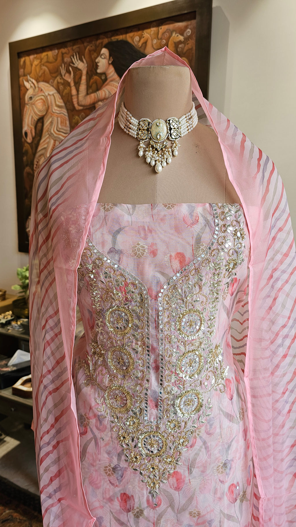 Beautiful Organza Unstitched Suit With  Thread & Gota Patti Work