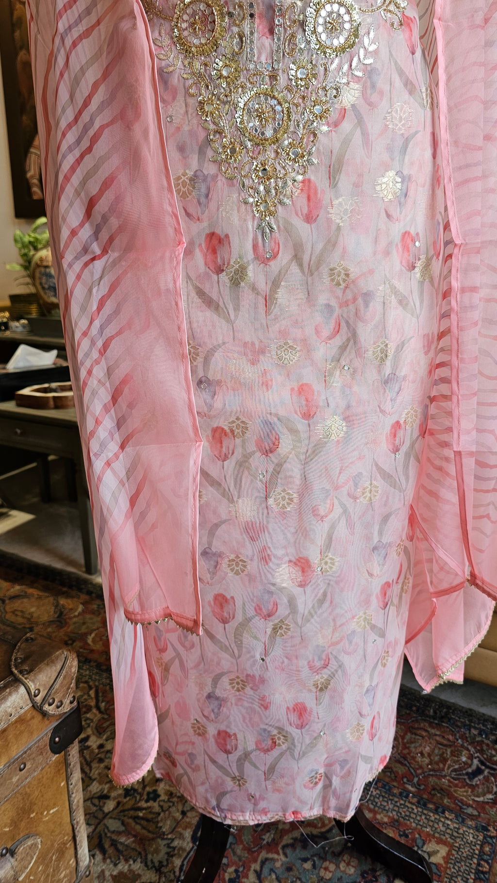 Beautiful Organza Unstitched Suit With  Thread & Gota Patti Work
