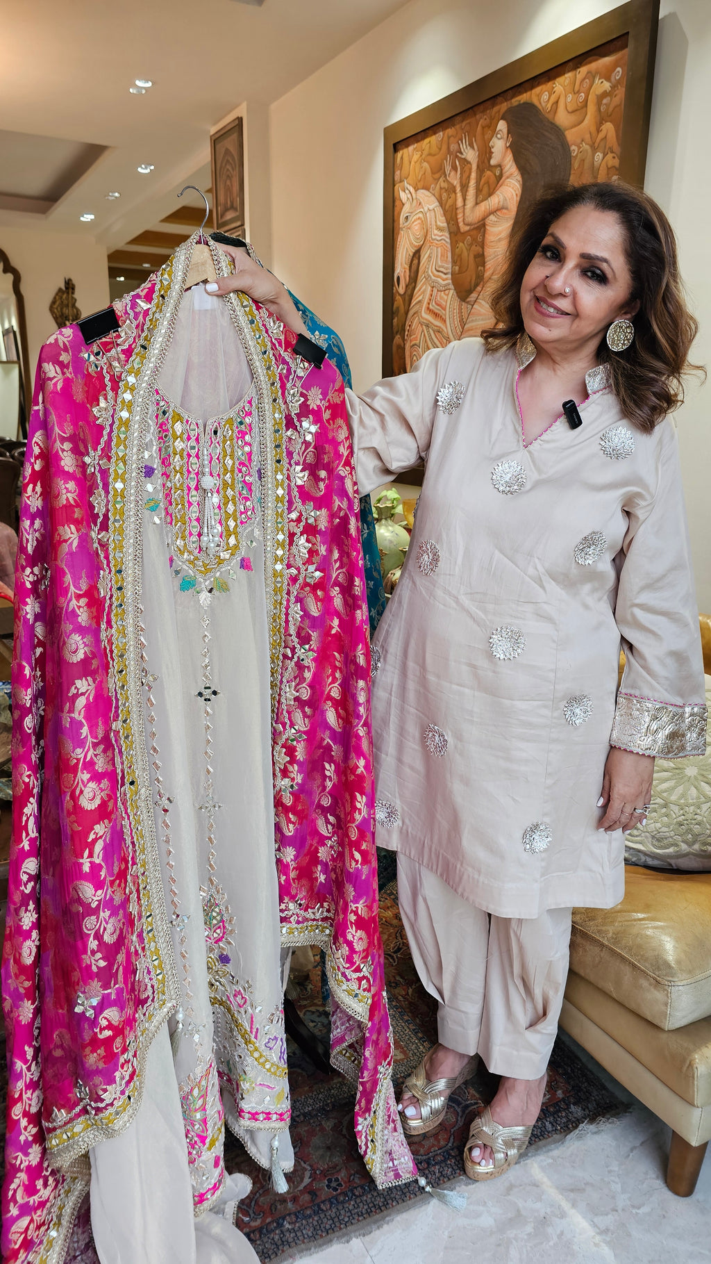 Beautiful Tissue Shimmer Unstitched Suit With  Mirror & Gota Patti Work