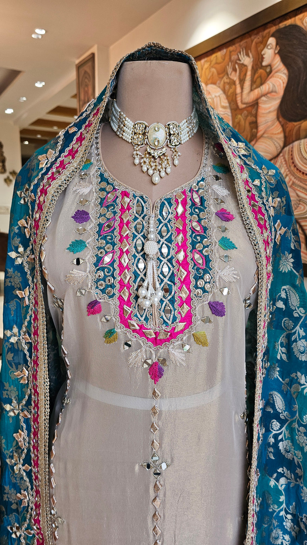 Beautiful Tissue Shimmer Unstitched Suit With  Mirror & Gota Patti Work