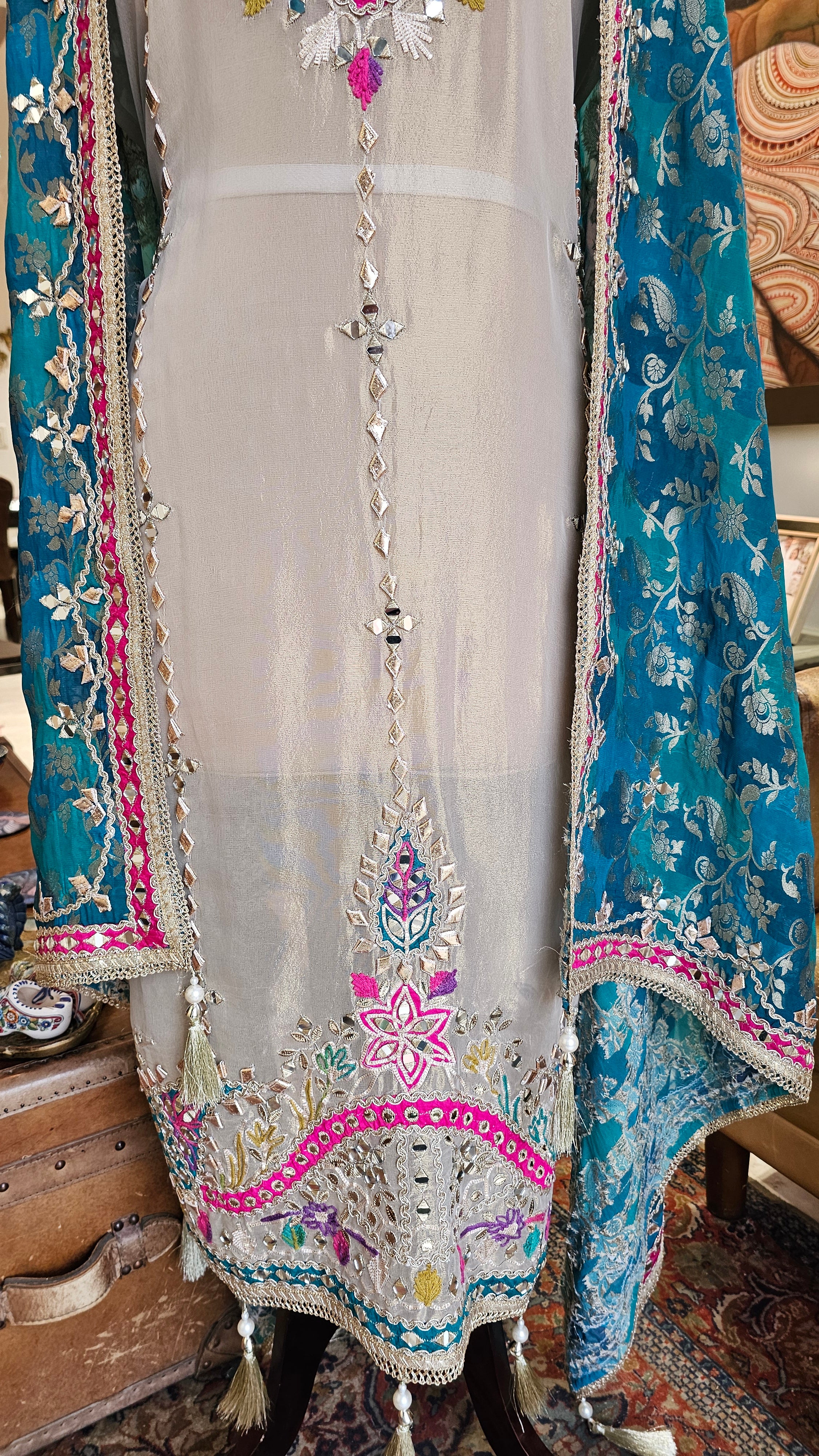 Beautiful Tissue Shimmer Unstitched Suit With  Mirror & Gota Patti Work