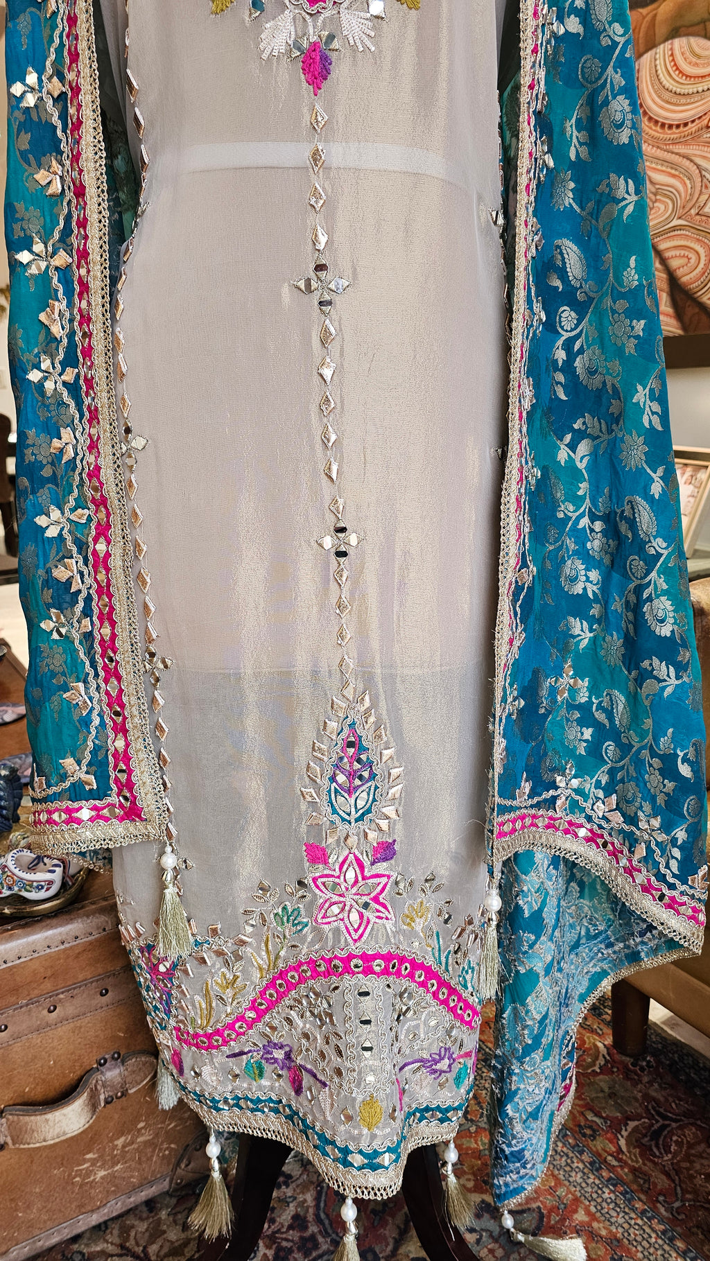 Beautiful Tissue Shimmer Unstitched Suit With  Mirror & Gota Patti Work