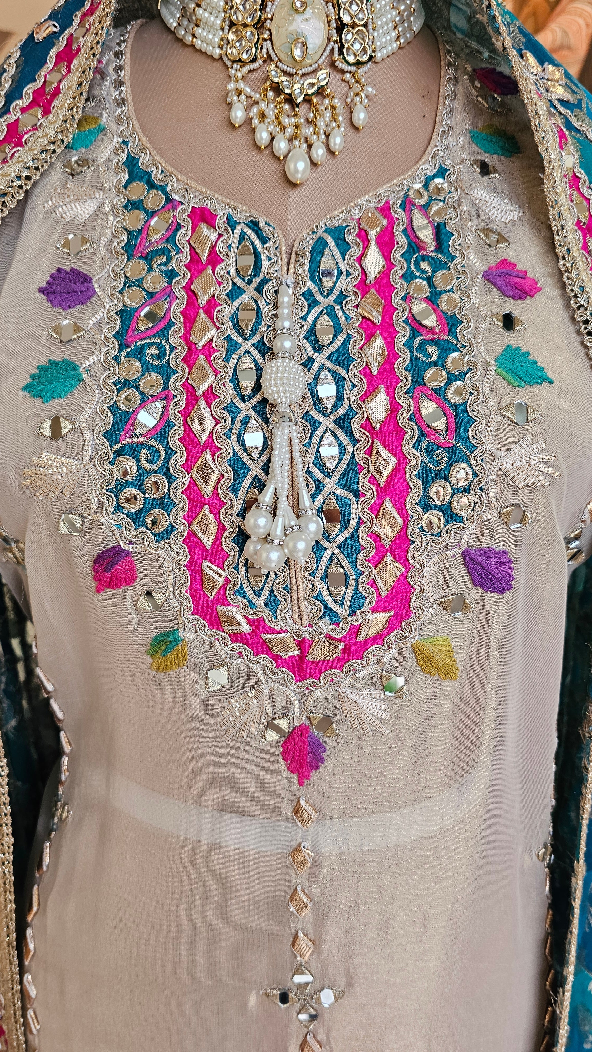 Beautiful Tissue Shimmer Unstitched Suit With  Mirror & Gota Patti Work