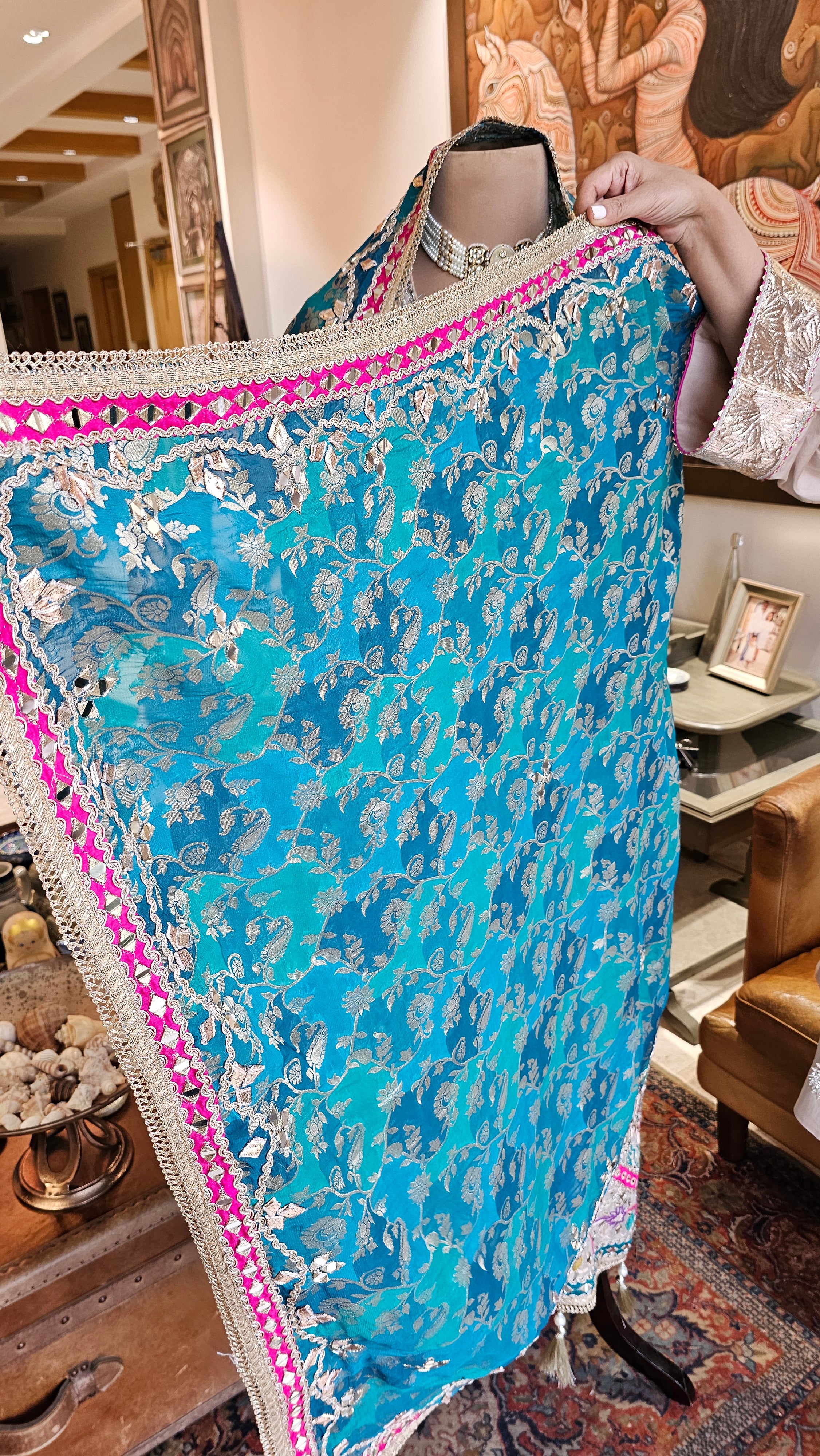 Beautiful Tissue Shimmer Unstitched Suit With  Mirror & Gota Patti Work