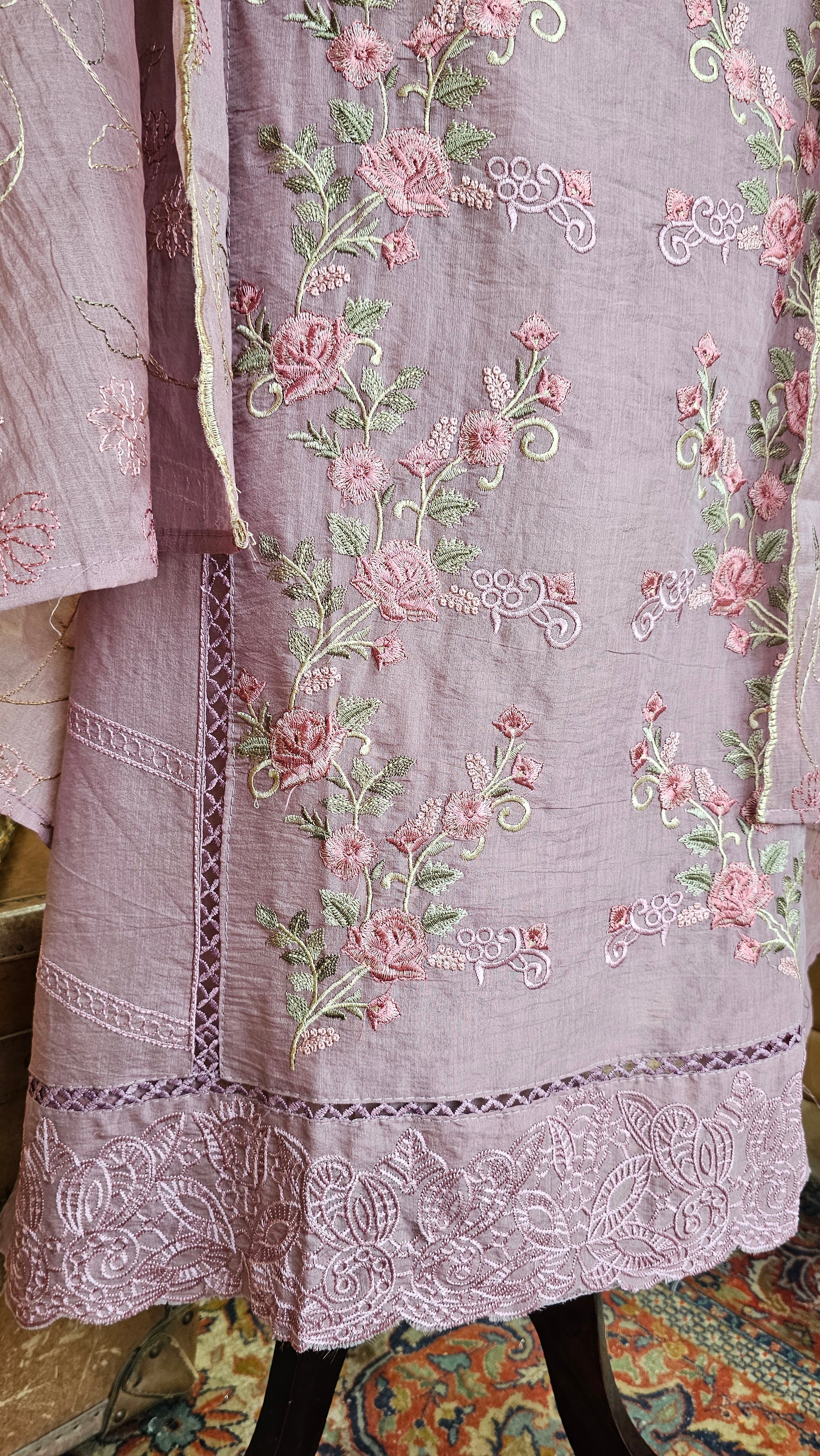 Beautiful Mul Unstitched Suit With Resham Work