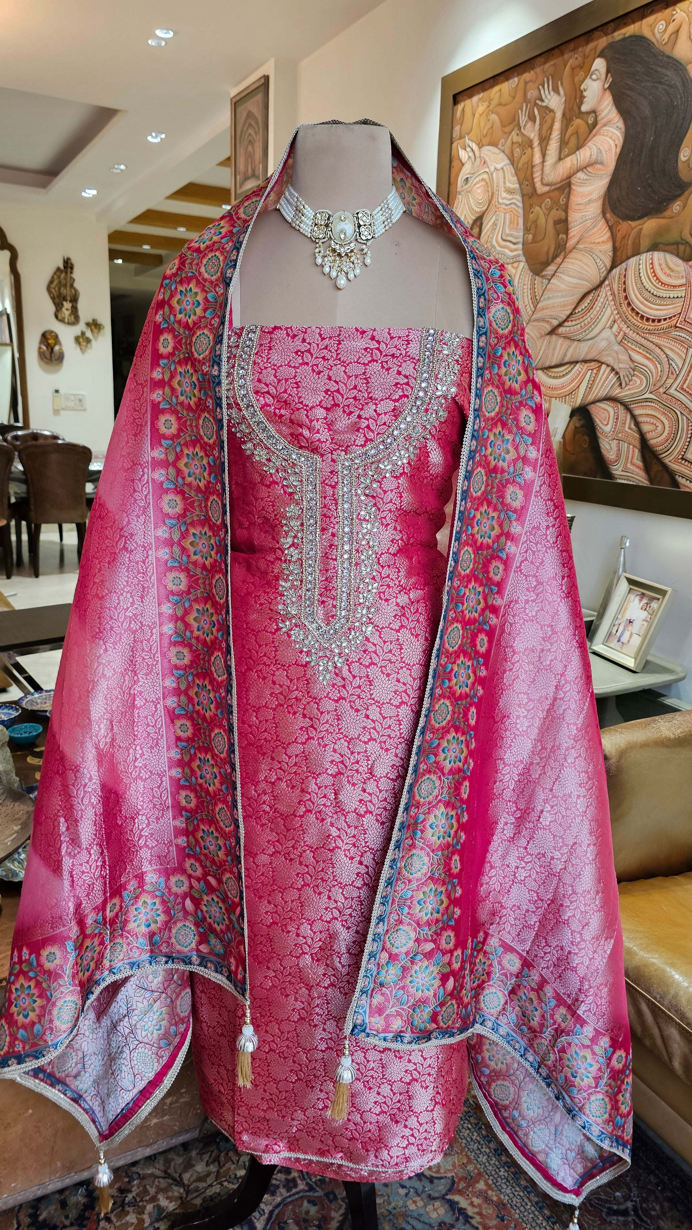 Beautiful Banarasi Jacquard Unstitched Suit With Hand Work