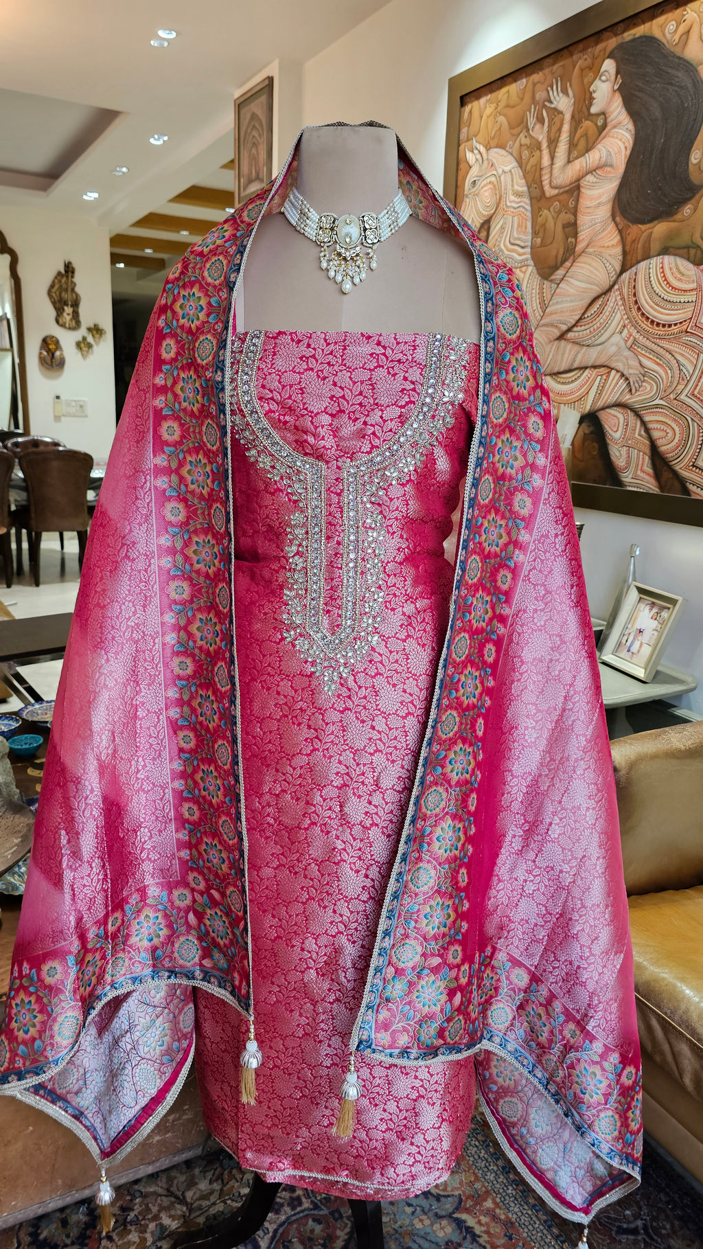 Beautiful Banarasi Jacquard Unstitched Suit With Hand Work