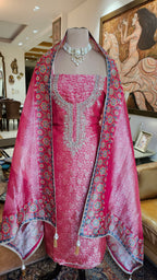 Beautiful Banarasi Jacquard Unstitched Suit With Hand Work
