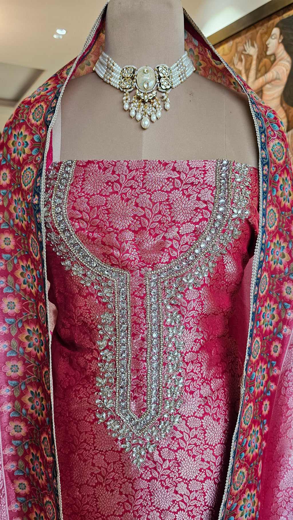 Beautiful Banarasi Jacquard Unstitched Suit With Hand Work