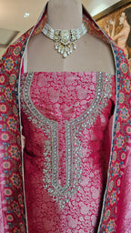 Beautiful Banarasi Jacquard Unstitched Suit With Hand Work