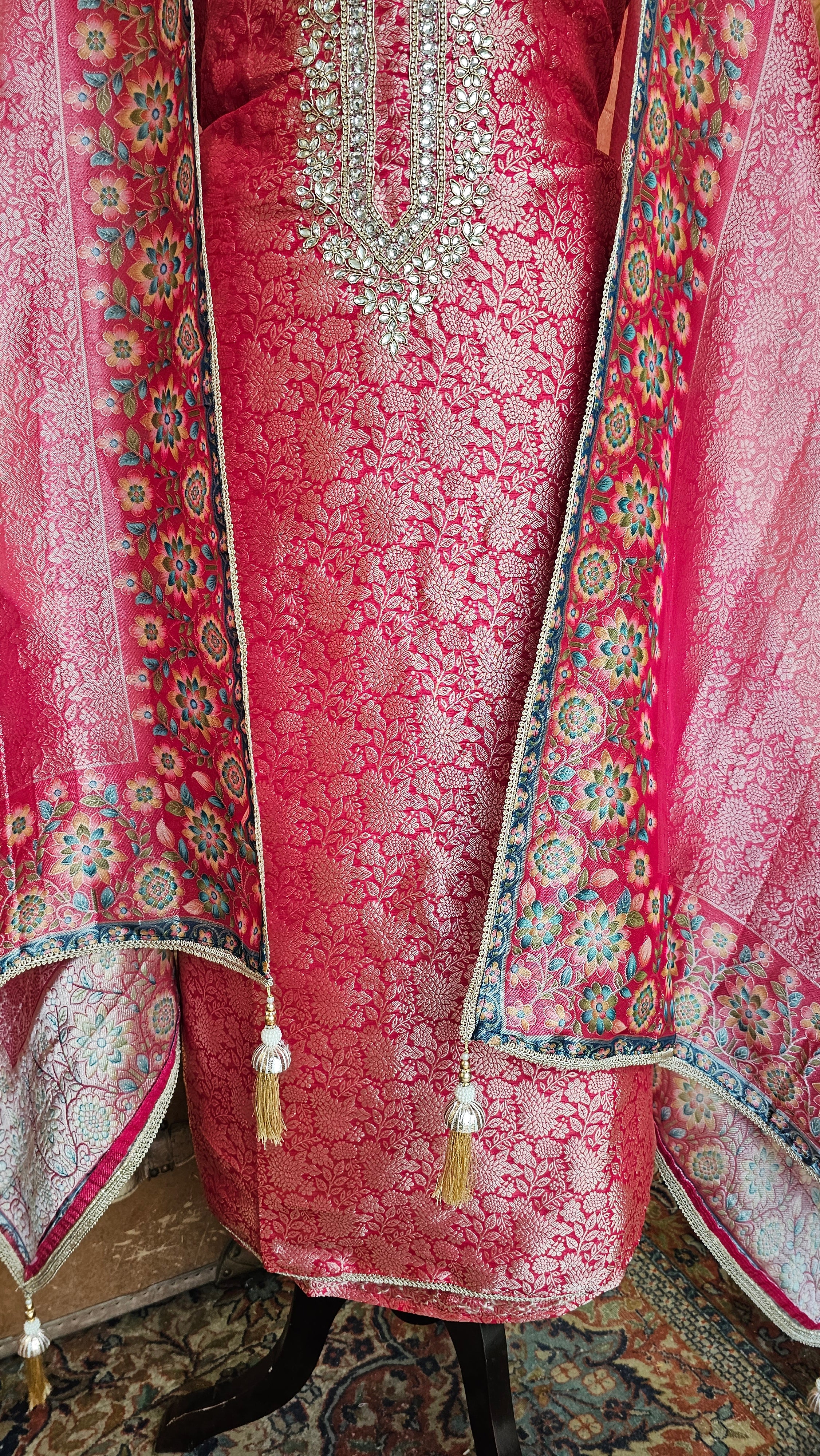 Beautiful Banarasi Jacquard Unstitched Suit With Hand Work