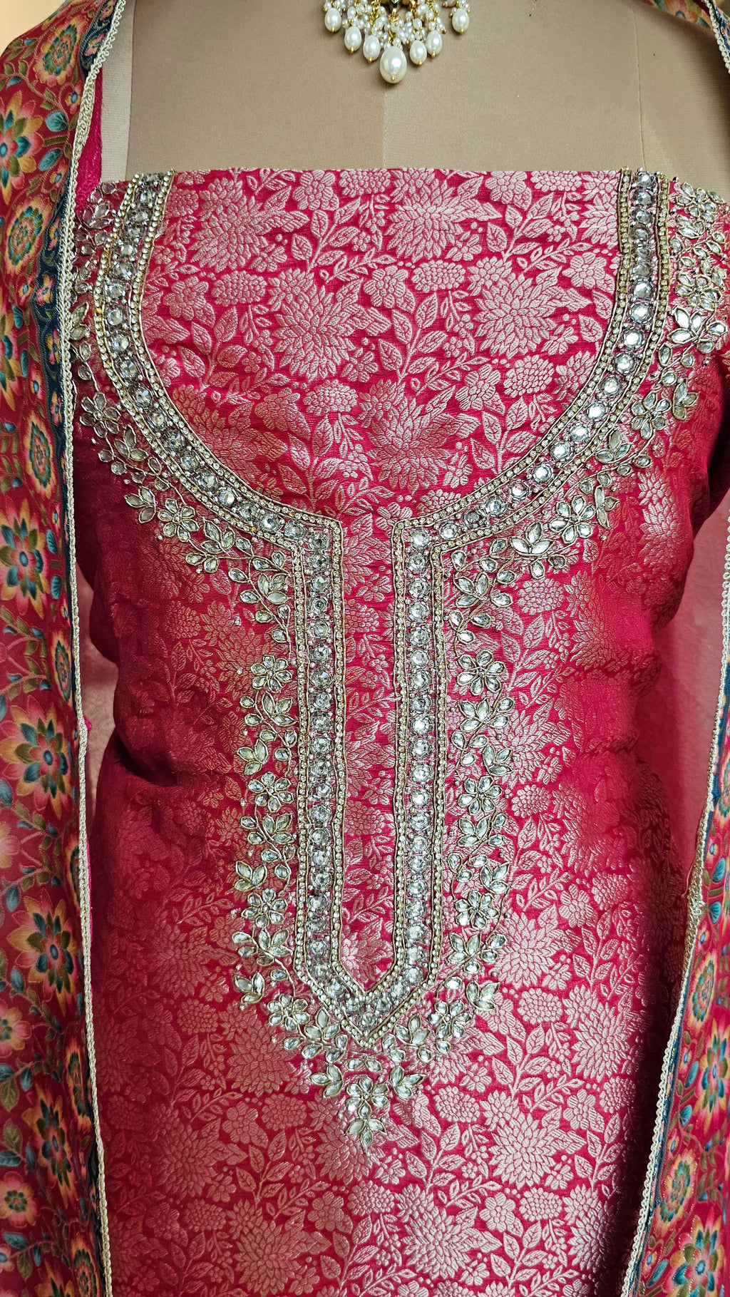 Beautiful Banarasi Jacquard Unstitched Suit With Hand Work