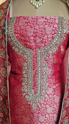 Beautiful Banarasi Jacquard Unstitched Suit With Hand Work
