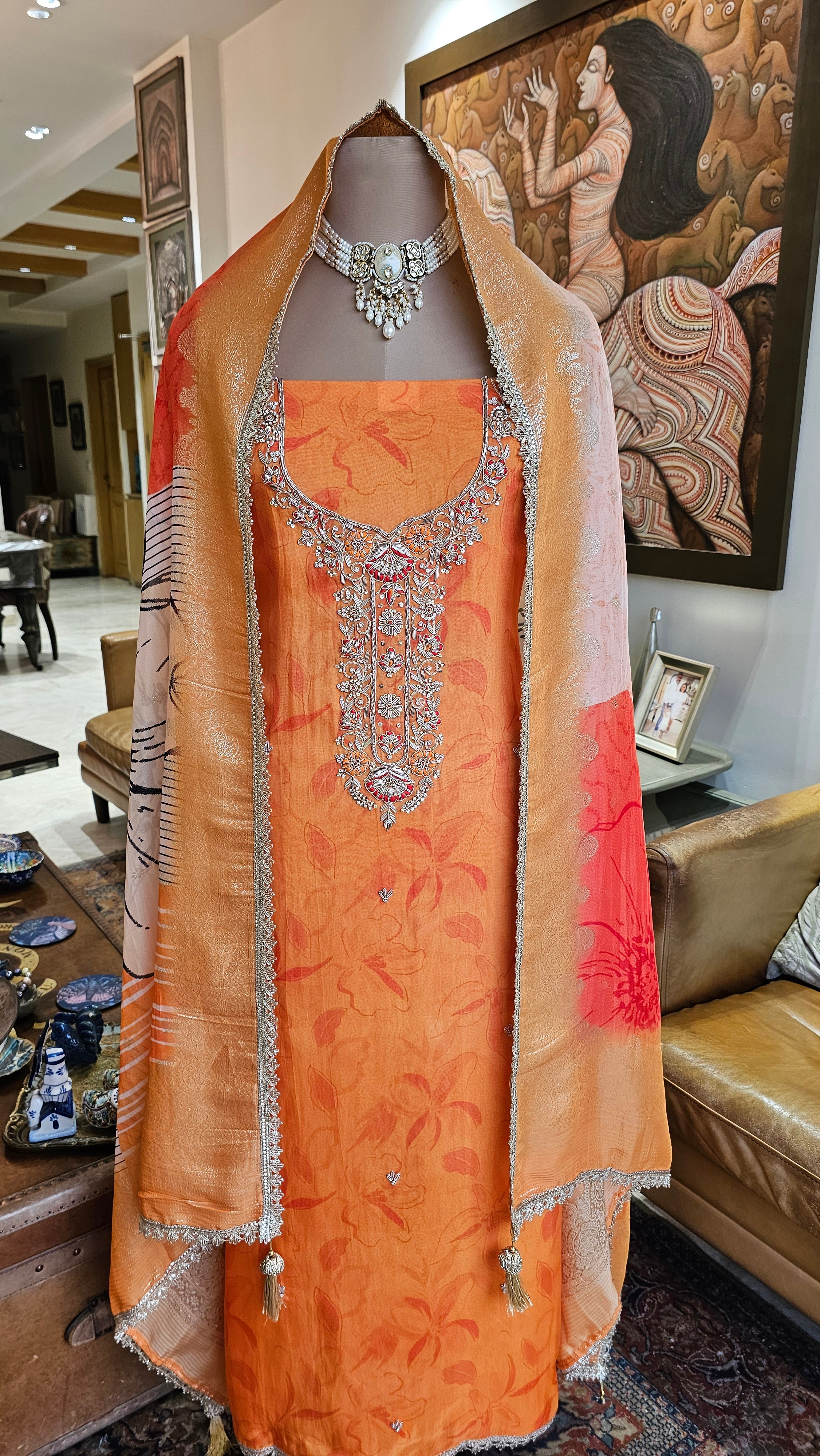 Beautiful Organza Unstitched Suit With Hand Embroidery