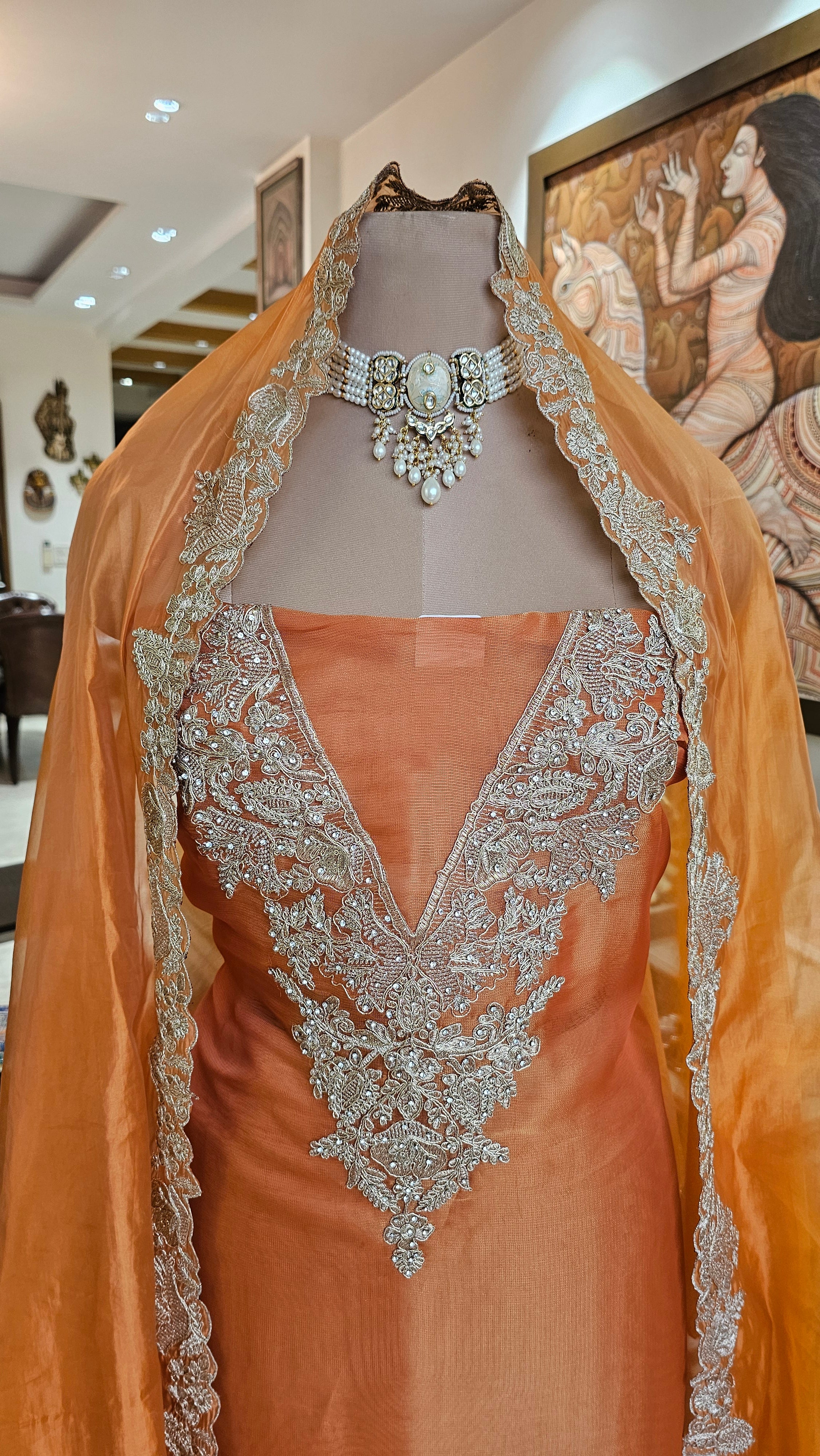 Beautiful Tissue Shimmer Unstitched Suit With Neem Zari Work
