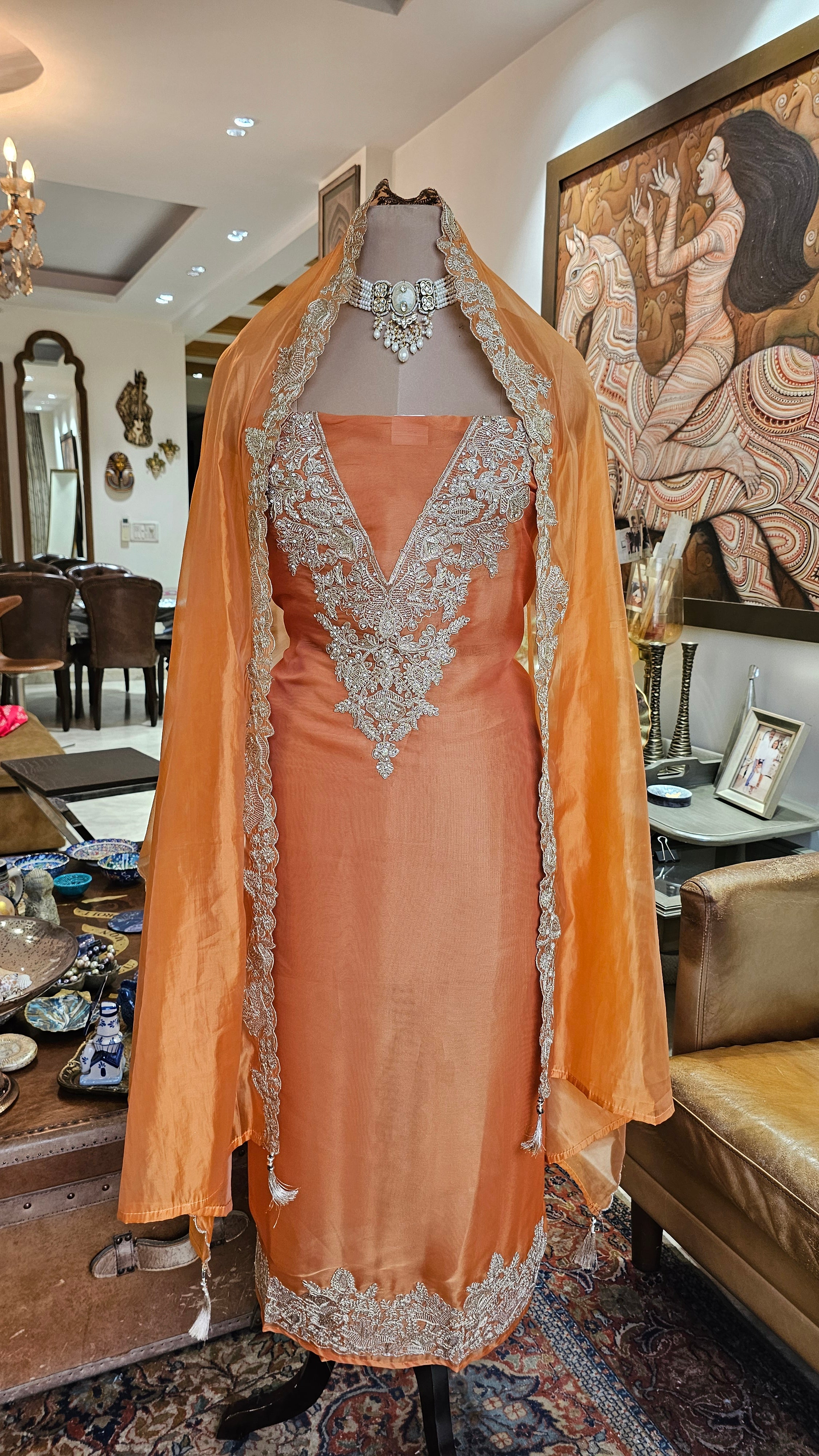Beautiful Tissue Shimmer Unstitched Suit With Neem Zari Work