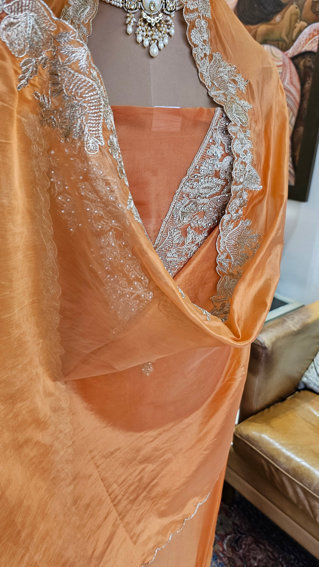 Beautiful Tissue Shimmer Unstitched Suit With Neem Zari Work