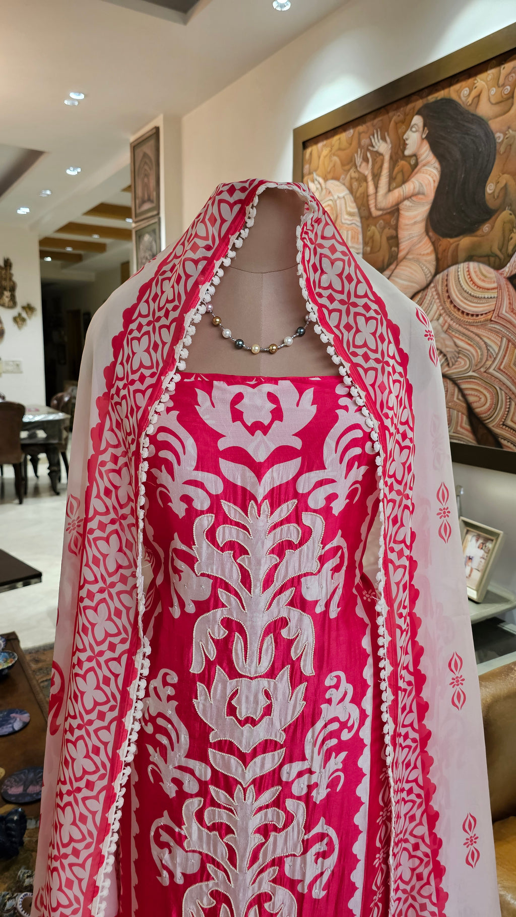 Beautiful Printed Silk Unstitched Suit With Highlighted Moti Work