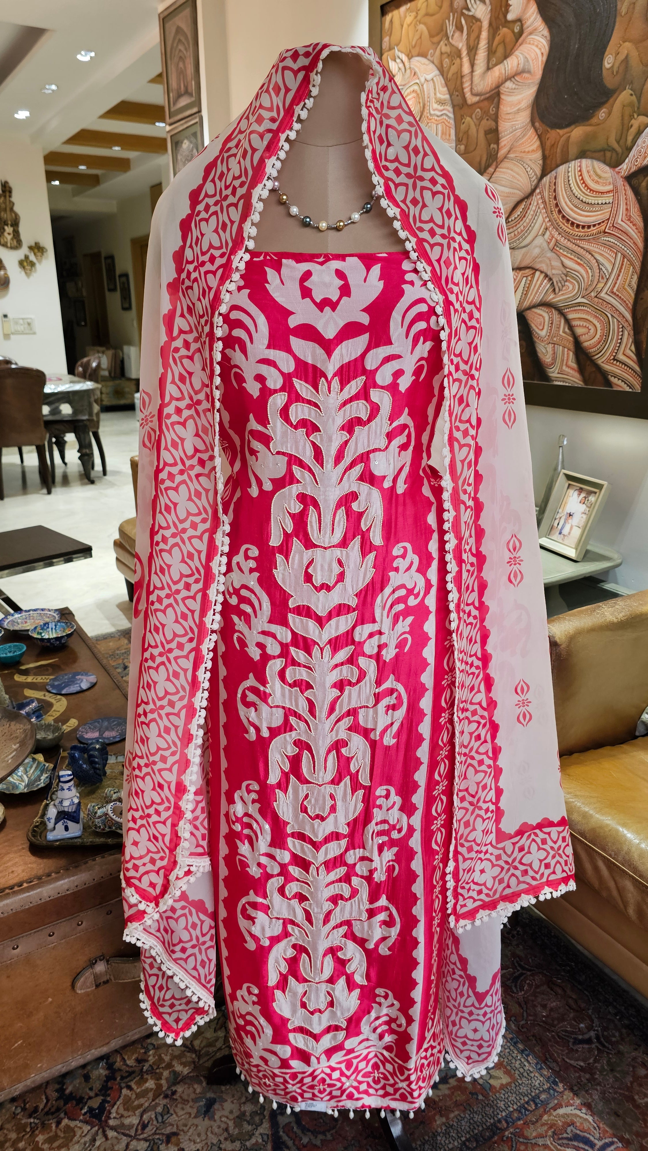 Beautiful Printed Silk Unstitched Suit With Highlighted Moti Work
