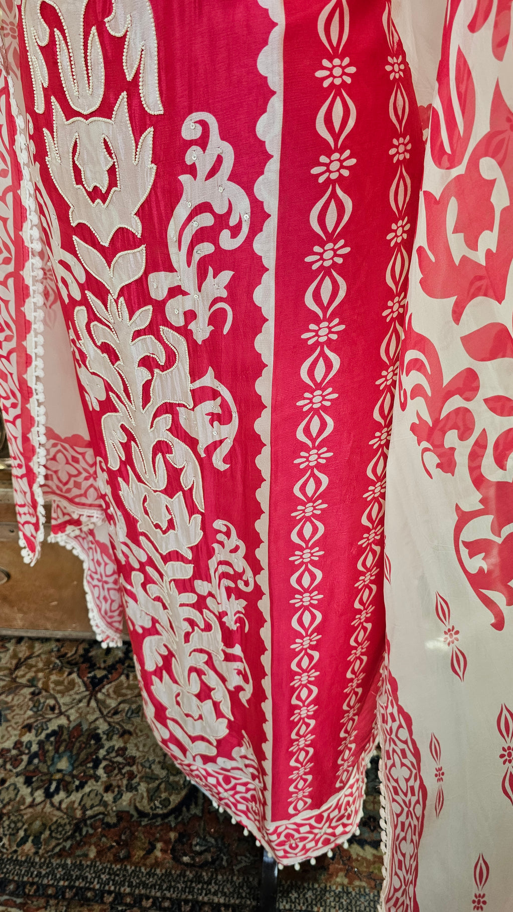 Beautiful Printed Silk Unstitched Suit With Highlighted Moti Work