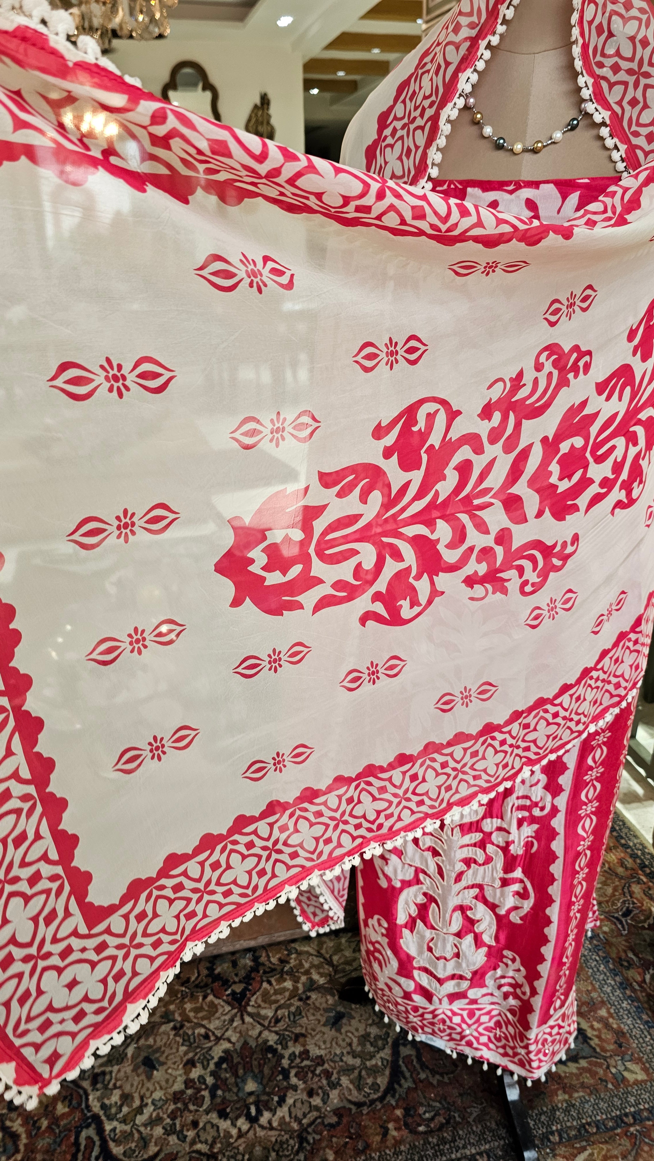 Beautiful Printed Silk Unstitched Suit With Highlighted Moti Work