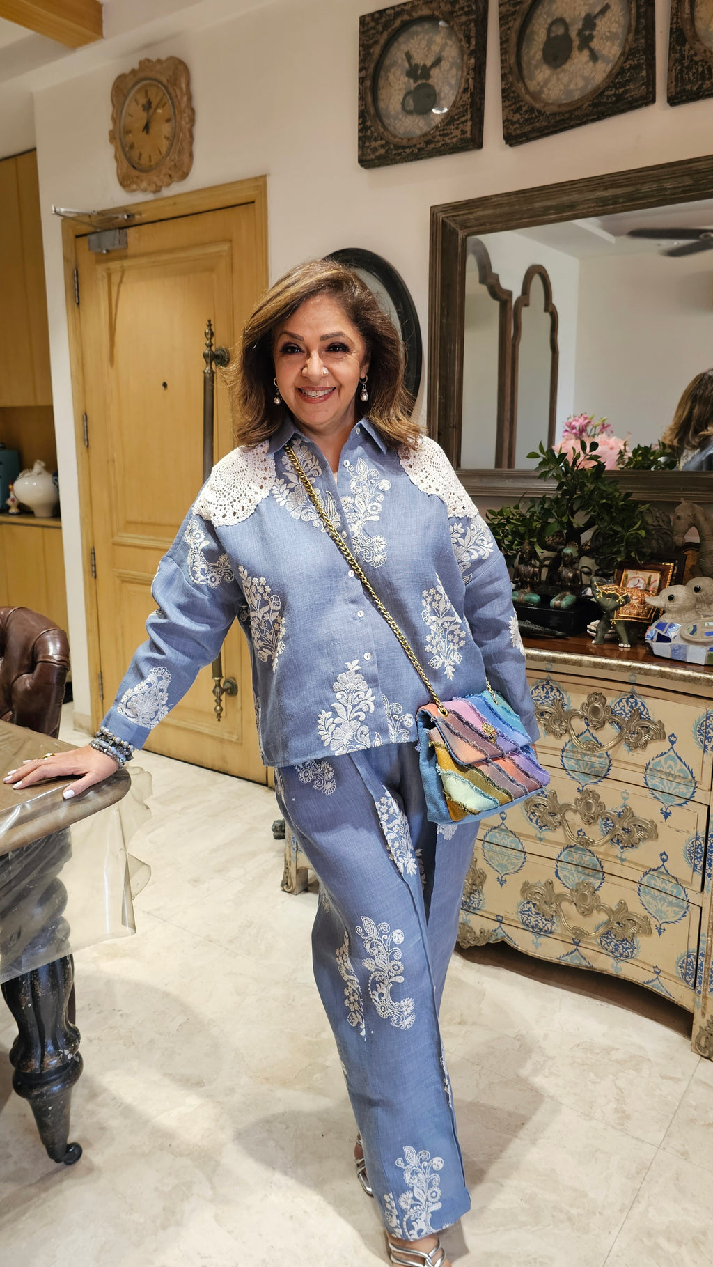Beautiful Contemporary Style Embroidered Linen With Crochet Patch Work