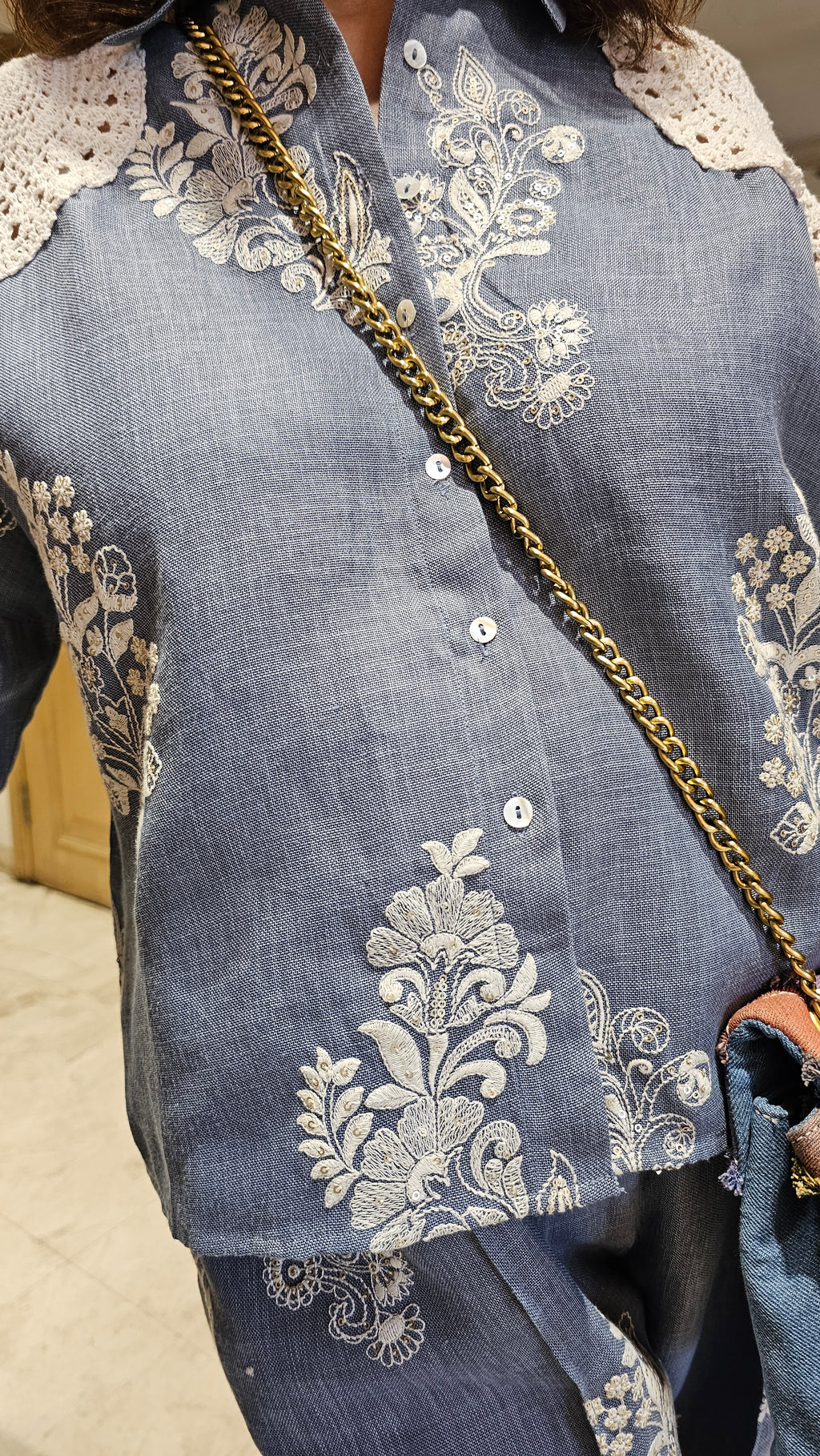 Beautiful Contemporary Style Embroidered Linen With Crochet Patch Work