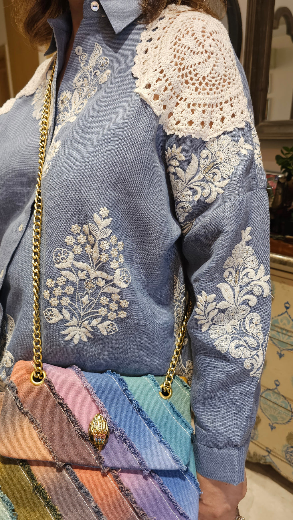 Beautiful Contemporary Style Embroidered Linen With Crochet Patch Work