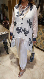 Mesmerising Wispy Organza Trail Top with Patch Work Teamed With Satin Afghani Pants & Denim Trims