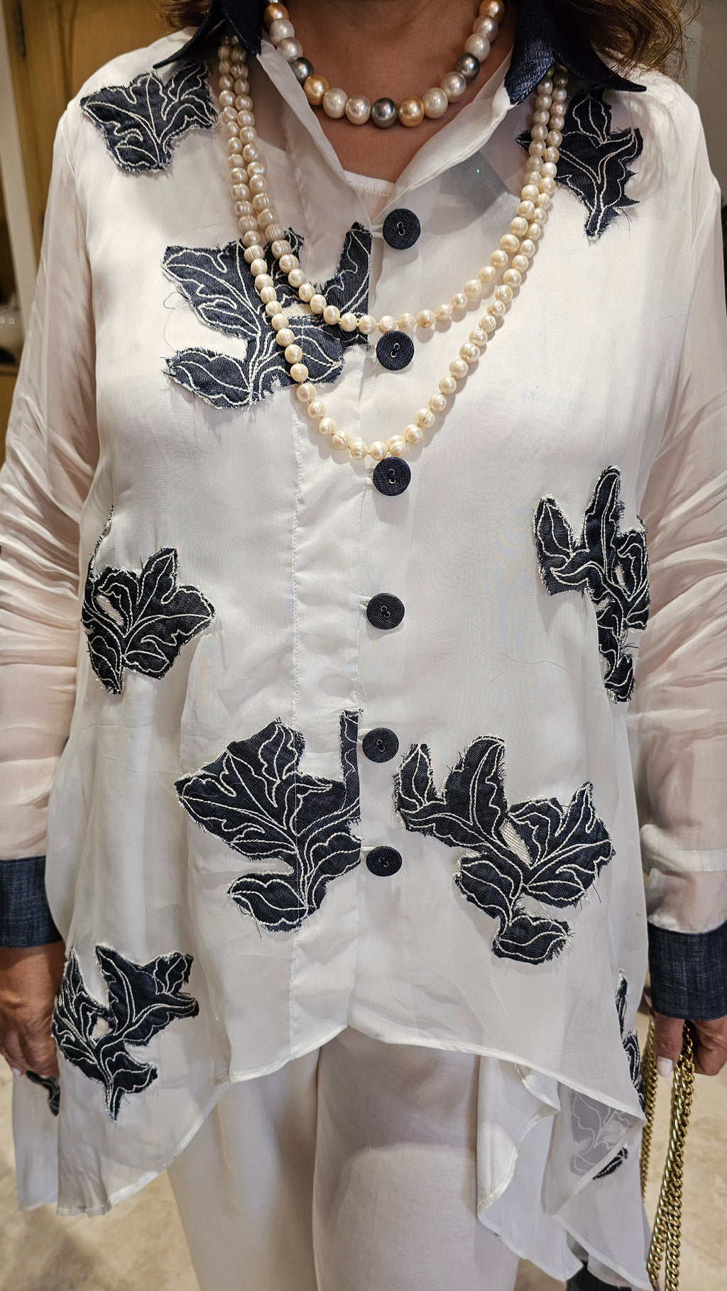 Mesmerising Wispy Organza Trail Top with Patch Work Teamed With Satin Afghani Pants & Denim Trims