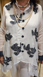 Mesmerising Wispy Organza Trail Top with Patch Work Teamed With Satin Afghani Pants & Denim Trims