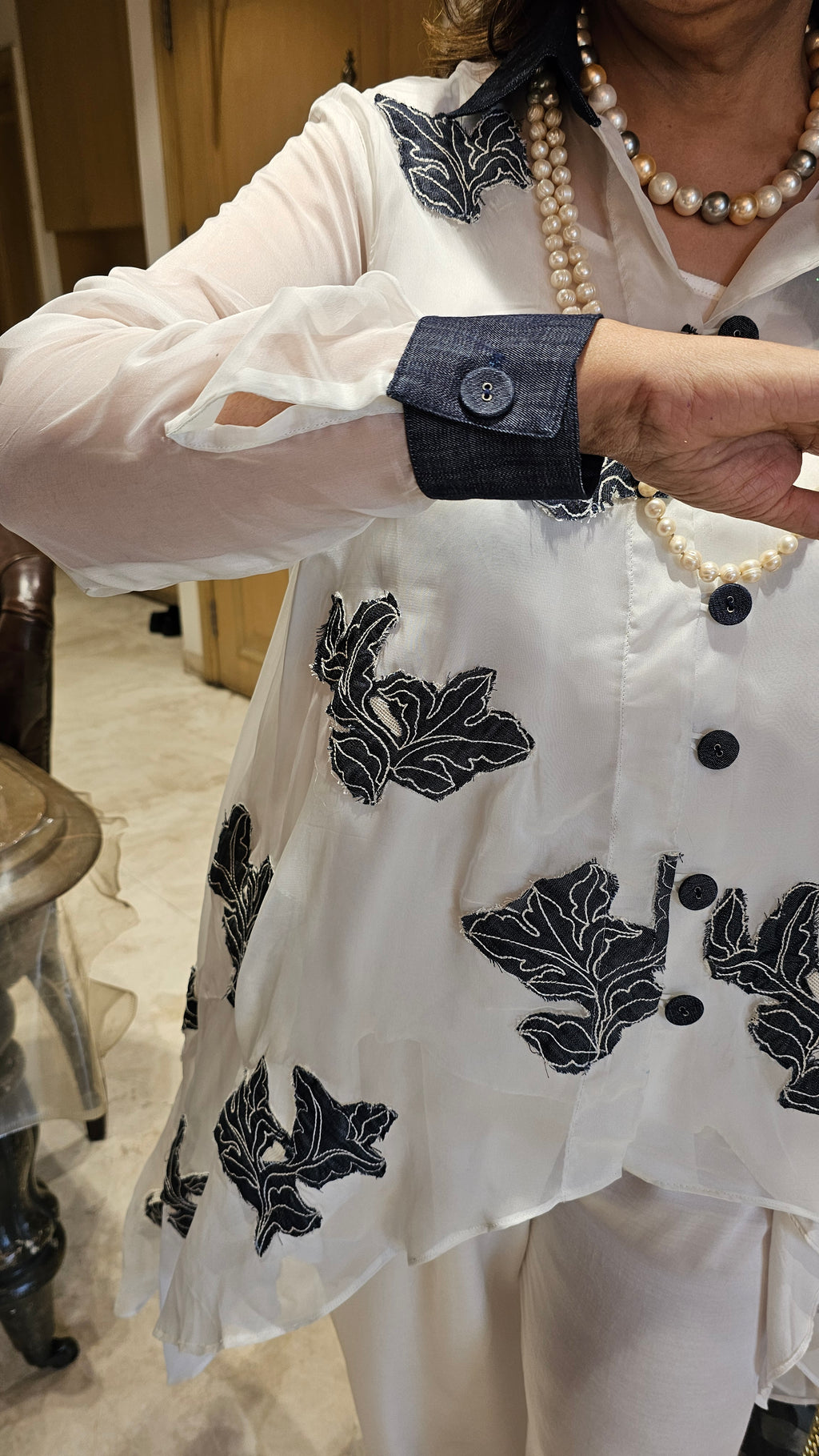 Mesmerising Wispy Organza Trail Top with Patch Work Teamed With Satin Afghani Pants & Denim Trims