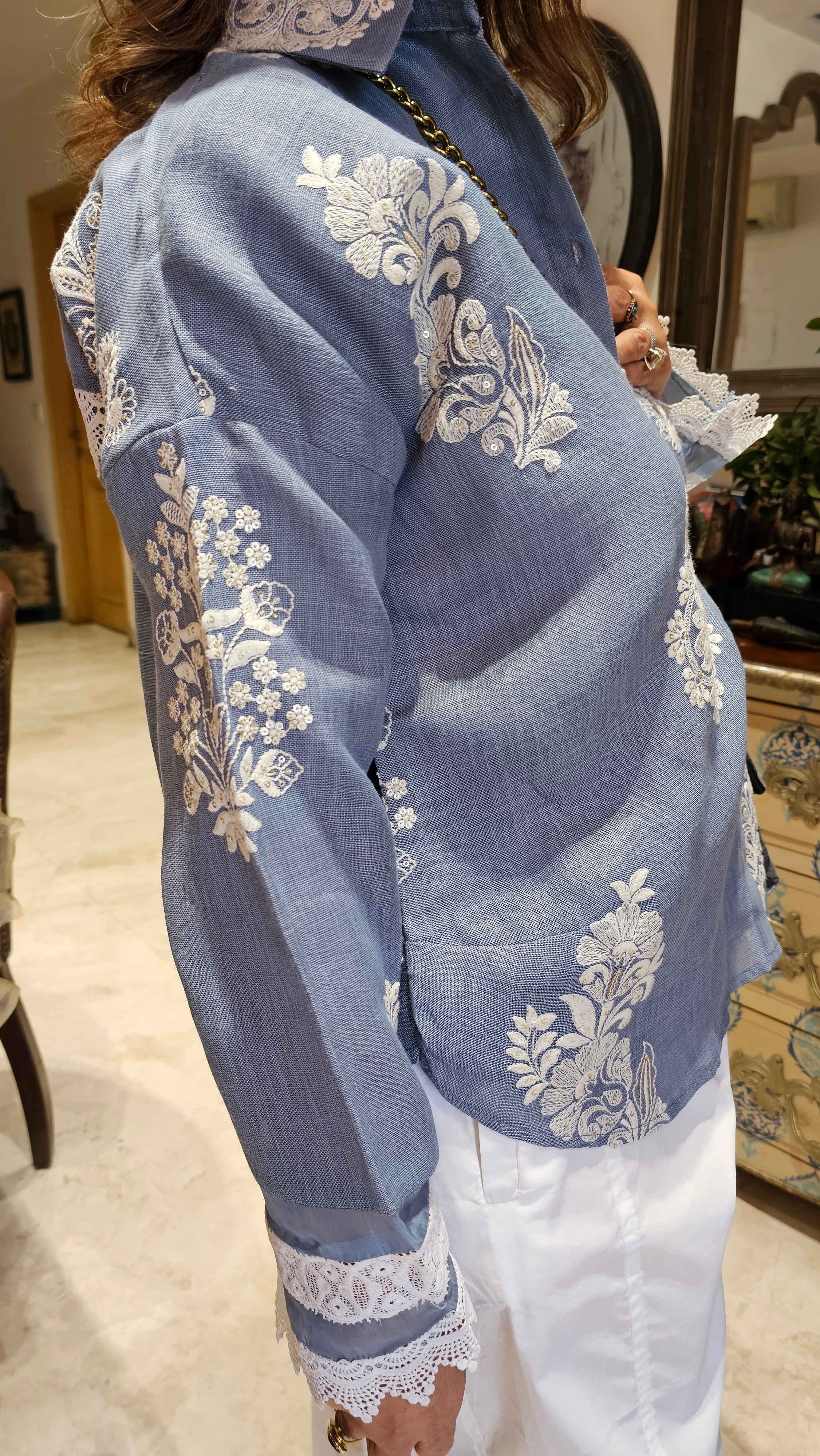 Beautiful Contemporary Style Embroidered Linen With Crochet Patch Work with Lycra Cotton Pants