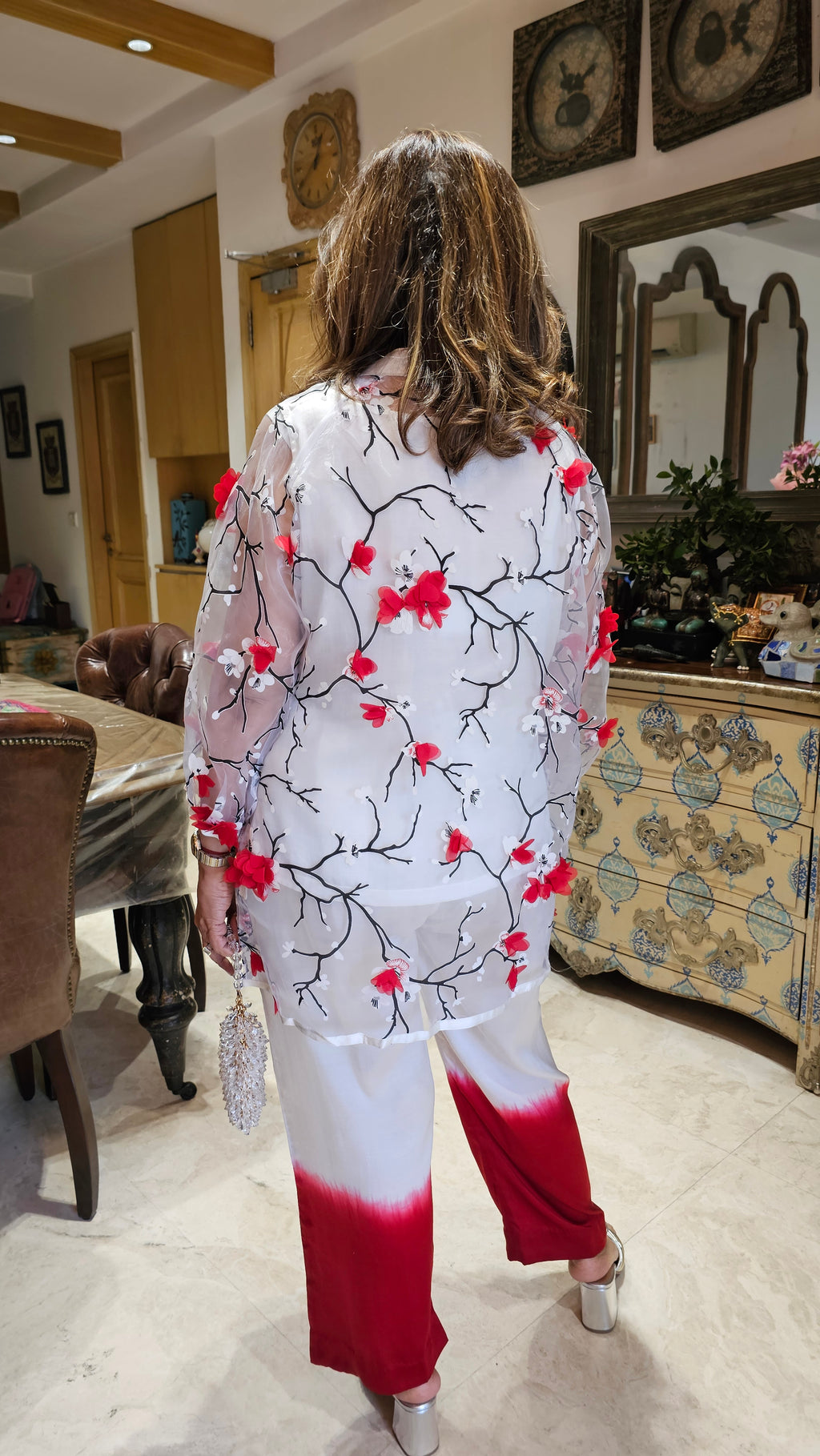 Beautiful 3D Printed Organza Shirt with Satin Inner & Bottom