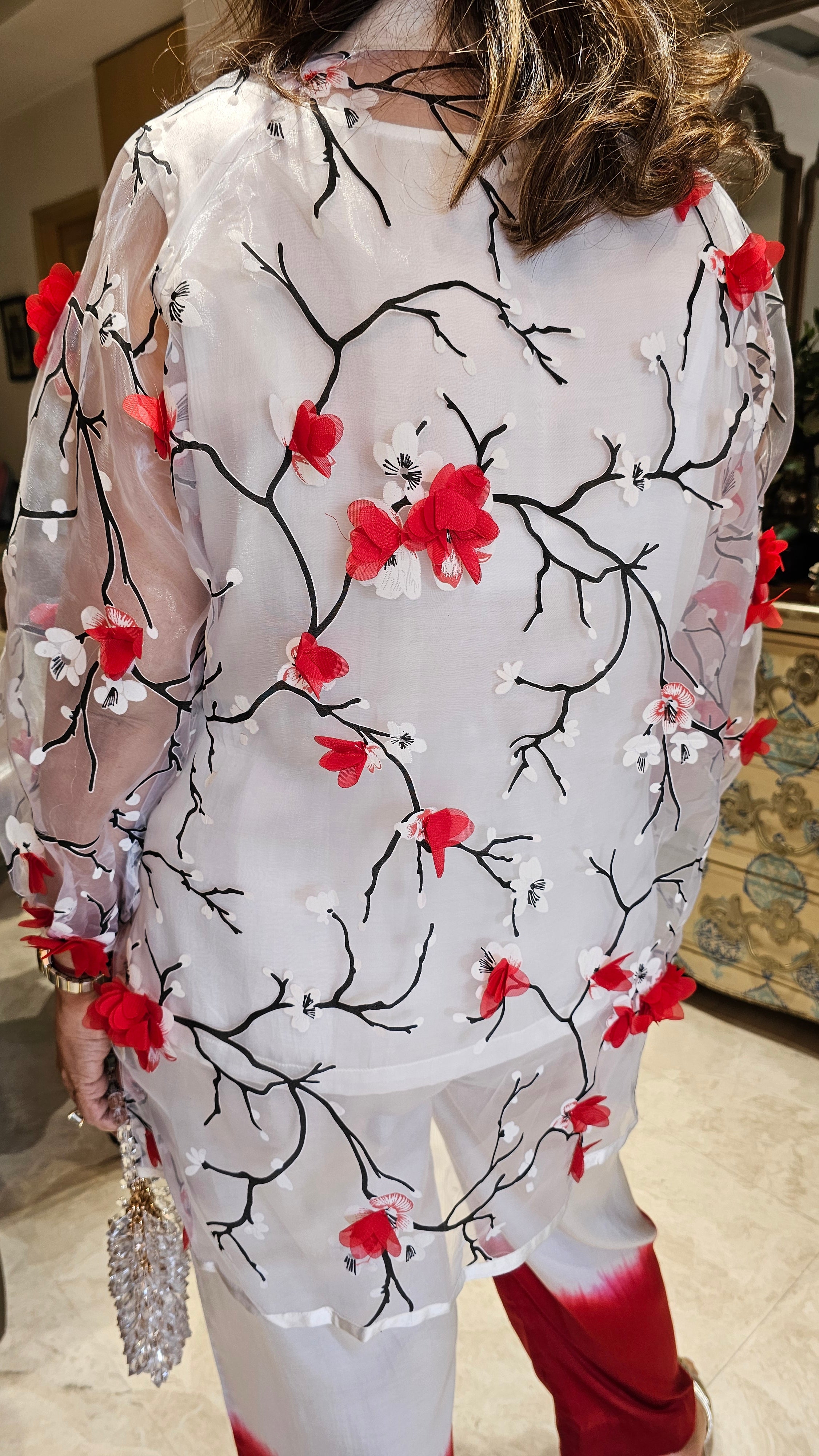 Beautiful 3D Printed Organza Shirt with Satin Inner & Bottom
