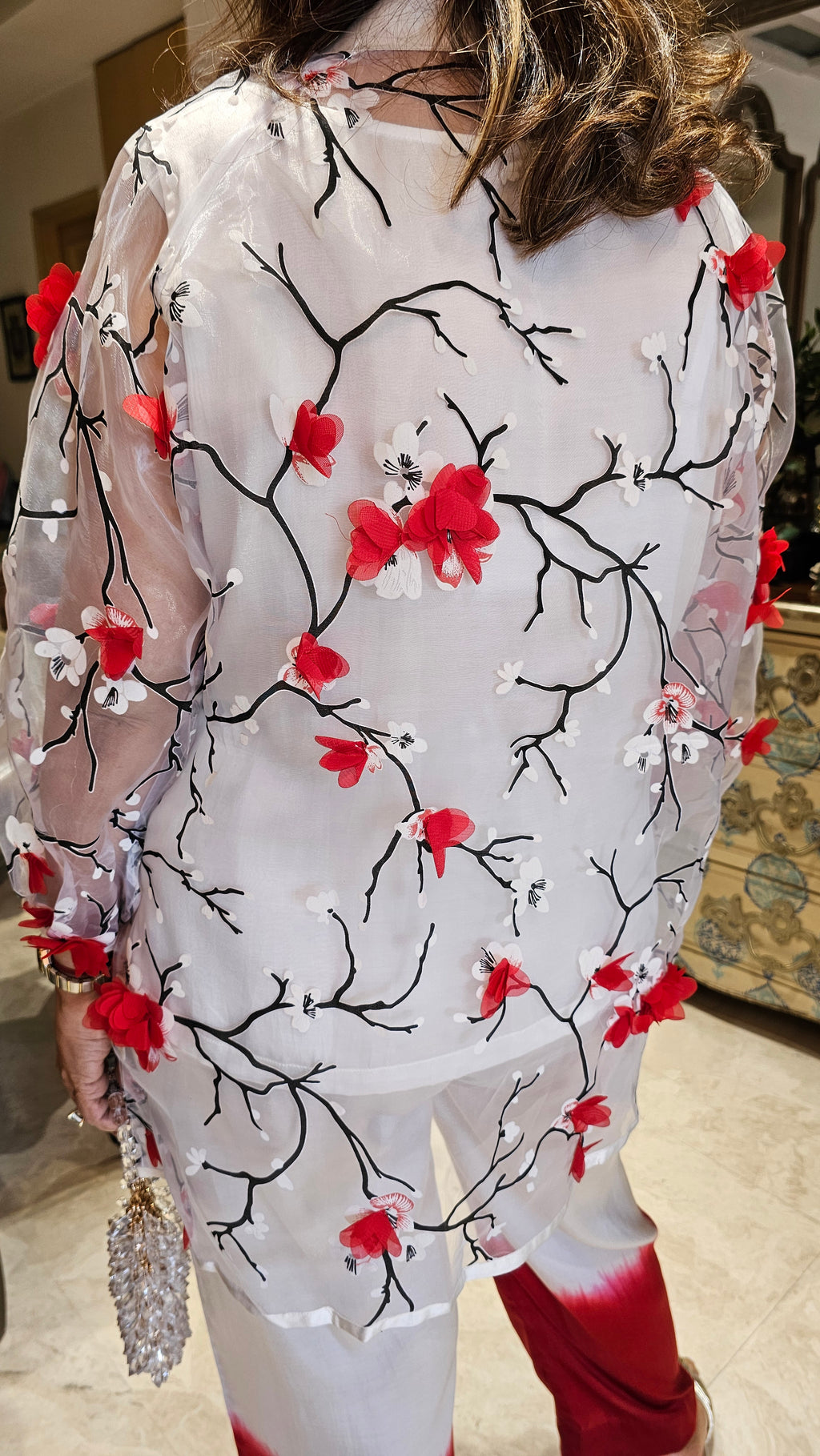 Beautiful 3D Printed Organza Shirt with Satin Inner & Bottom