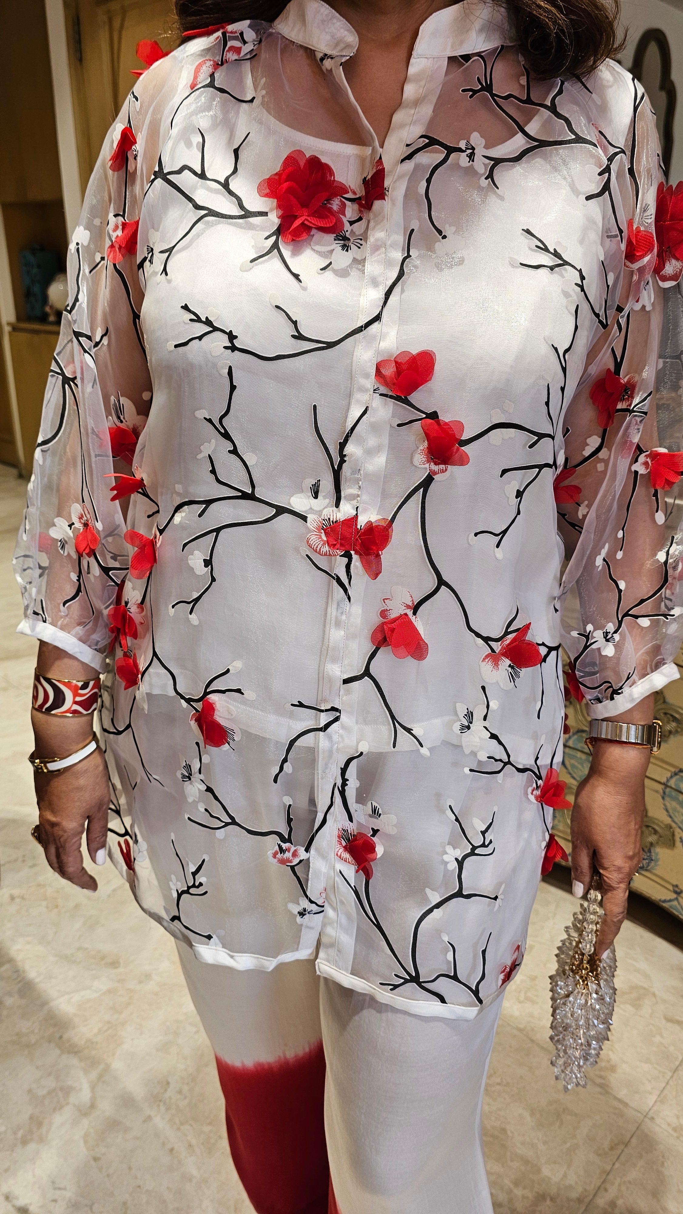 Beautiful 3D Printed Organza Shirt with Satin Inner & Bottom